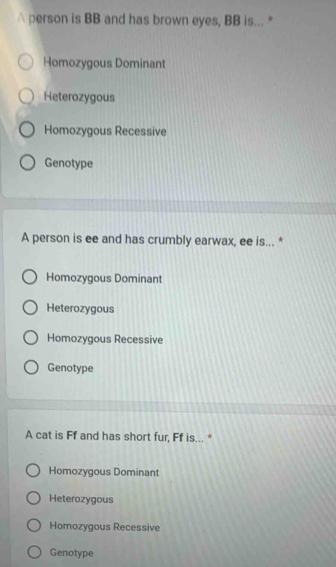 a person is bb and has brown eyes, bb is... * homozygous dominant heter…