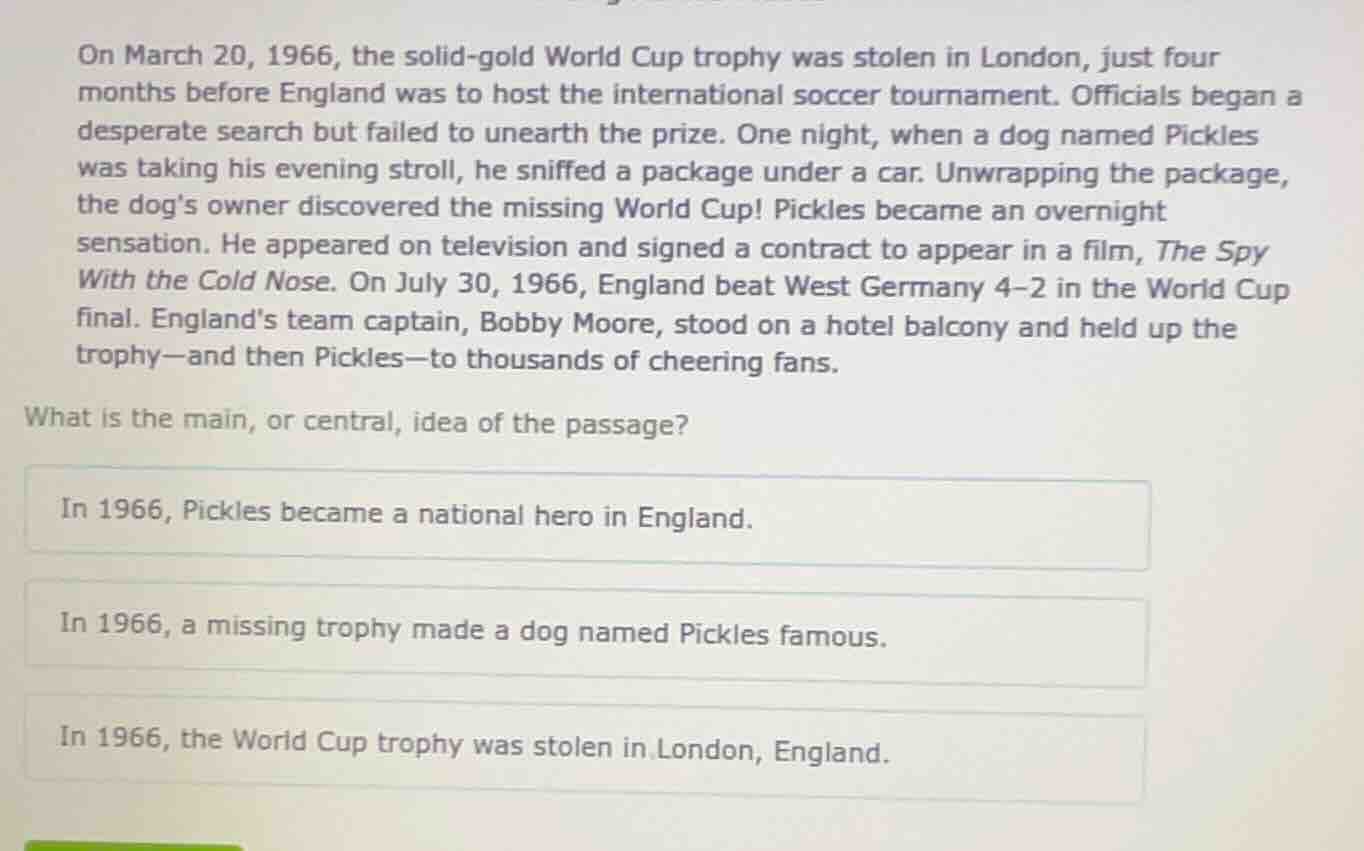 on march 20, 1966, the solid - gold world cup trophy was stolen in lond…