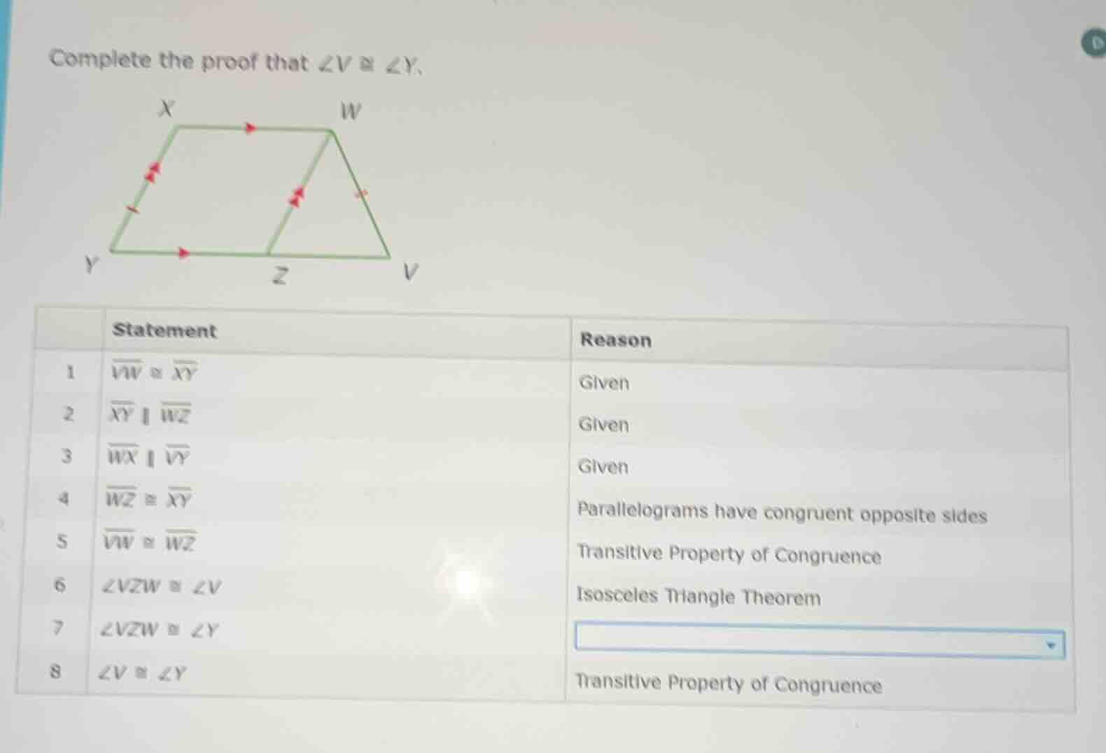 complete the proof that $\\angle v \\cong \\angle y$. | | statement | r…