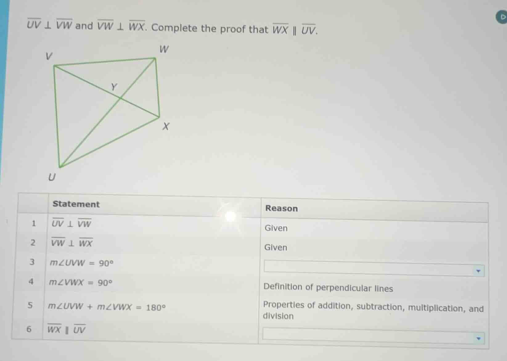 $overline{uv} perp overline{vw}$ and $overline{vw} perp overline{wx}$. …