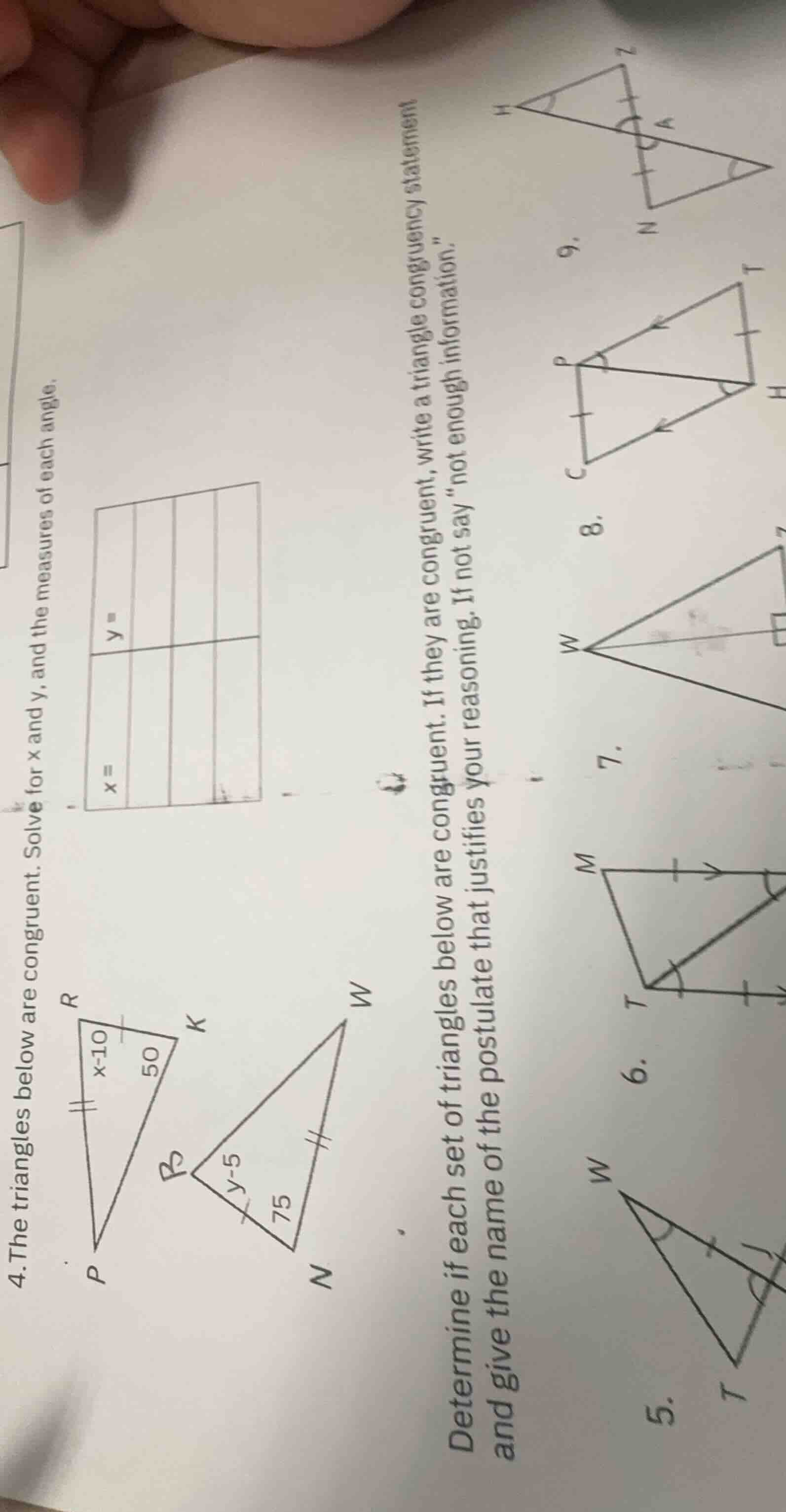4. the triangles below are congruent. solve for x and y, and the measur…