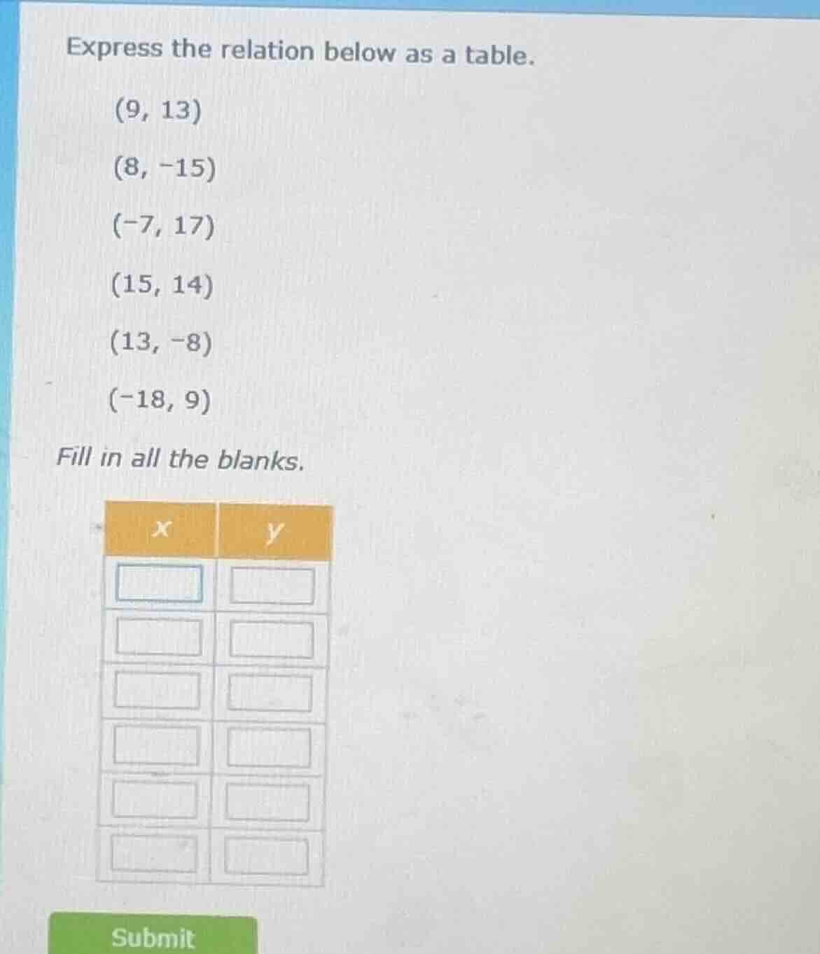 express the relation below as a table. (9, 13) (8, -15) (-7, 17) (15, 1…