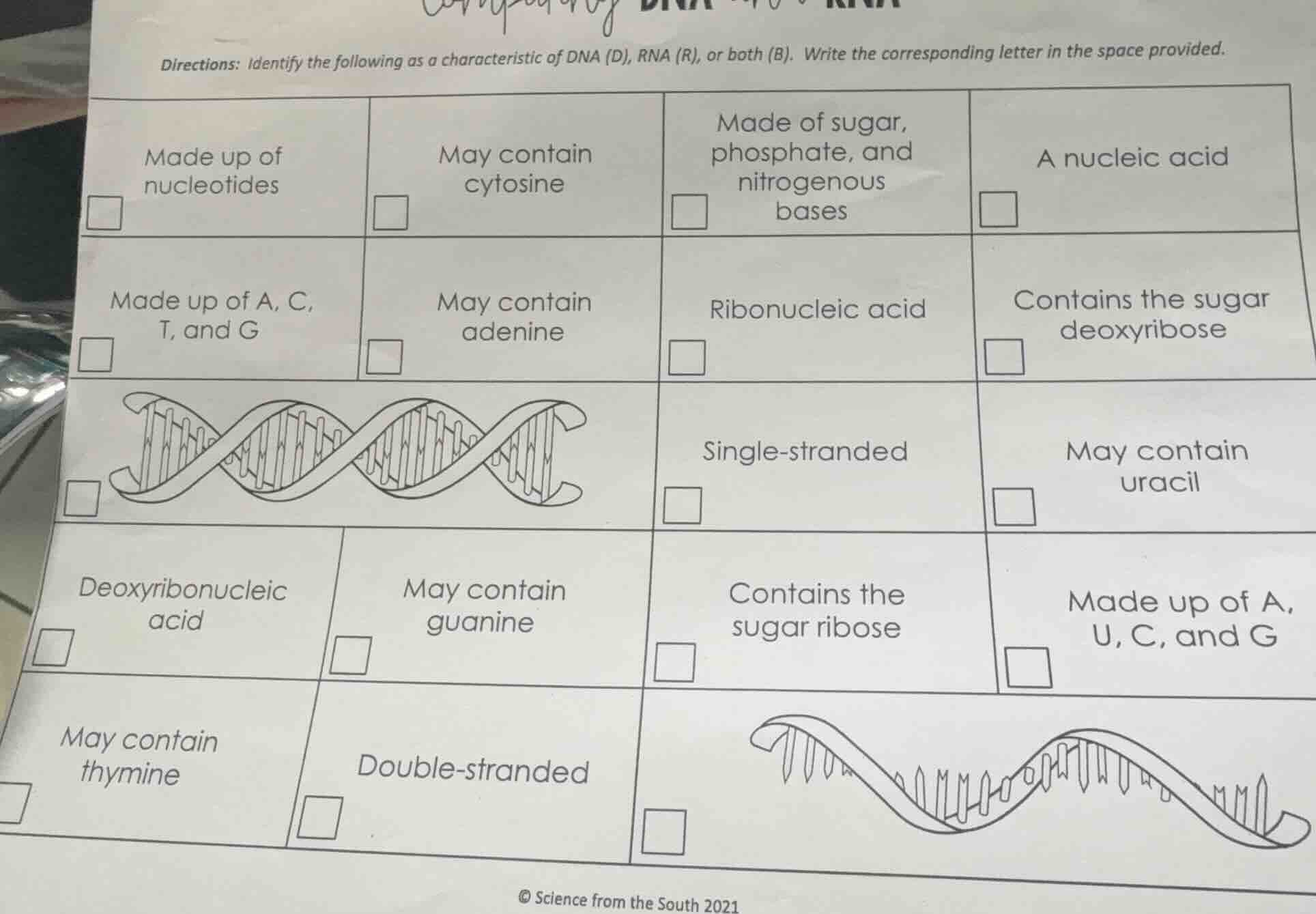 directions: identify the following as a characteristic of dna (d), rna …