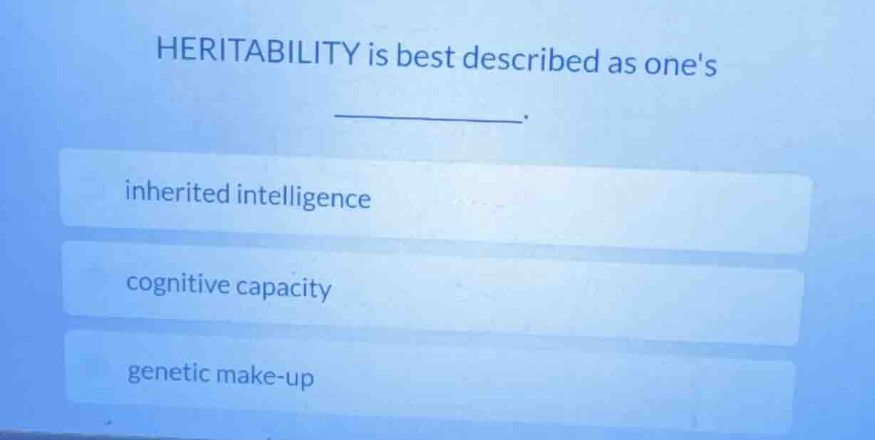 heritability is best described as ones ______. inherited intelligence c…