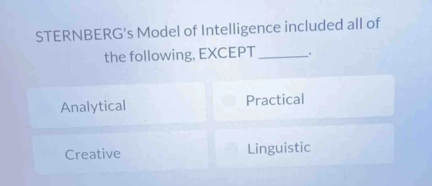 sternbergs model of intelligence included all of the following, except …