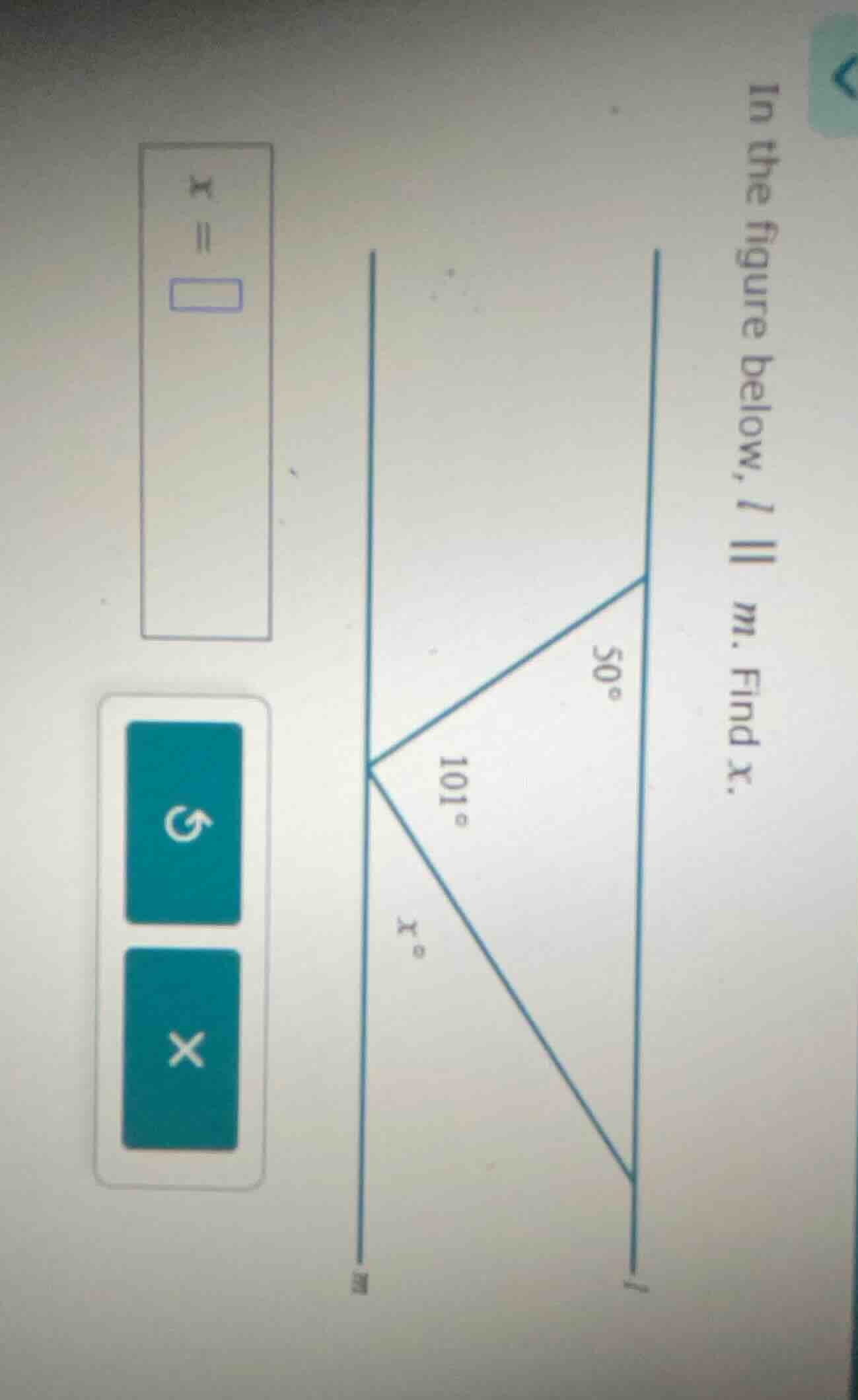 in the figure below, ( l parallel m ). find ( x ).