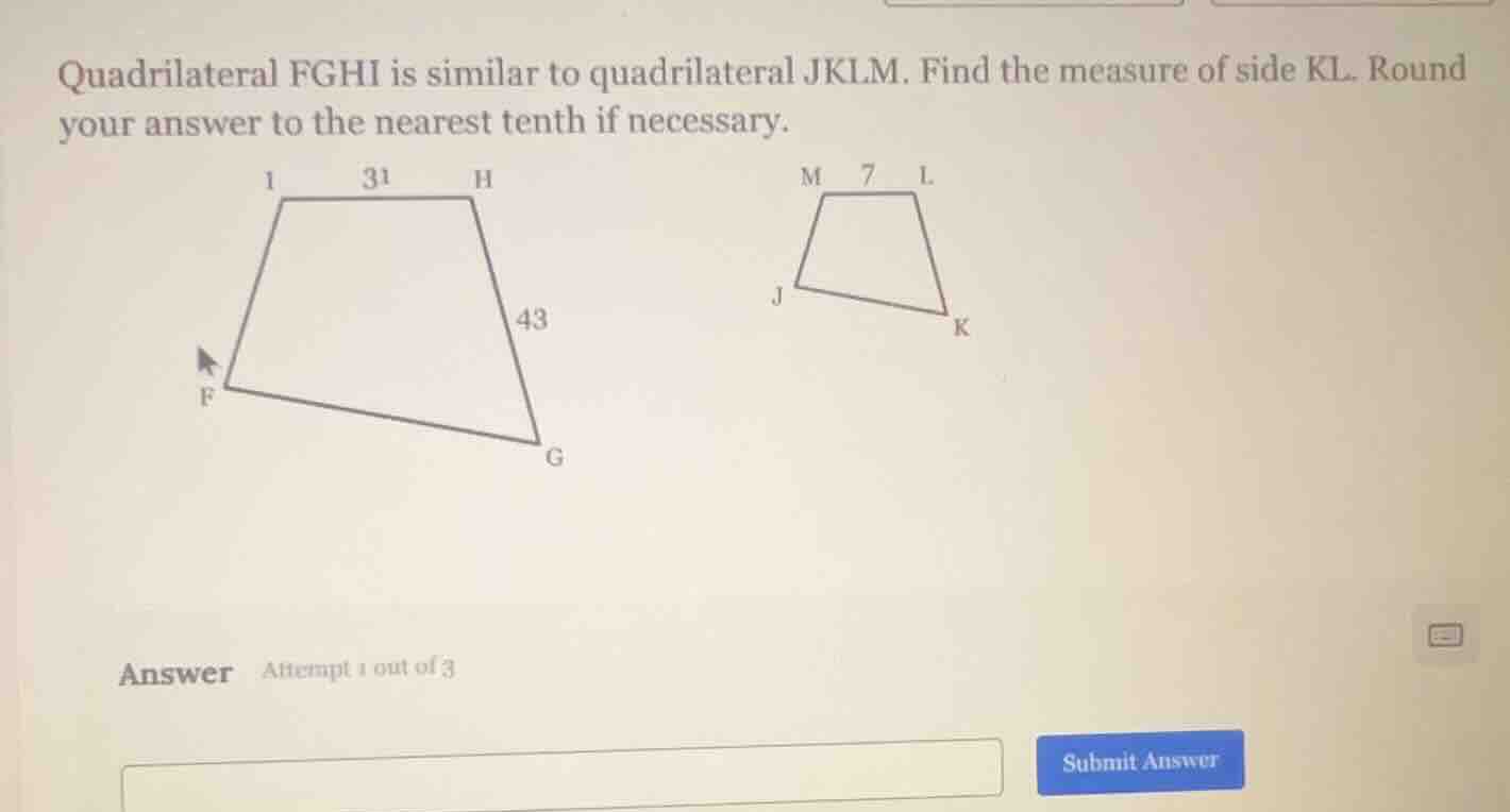 quadrilateral fghi is similar to quadrilateral jklm. find the measure o…