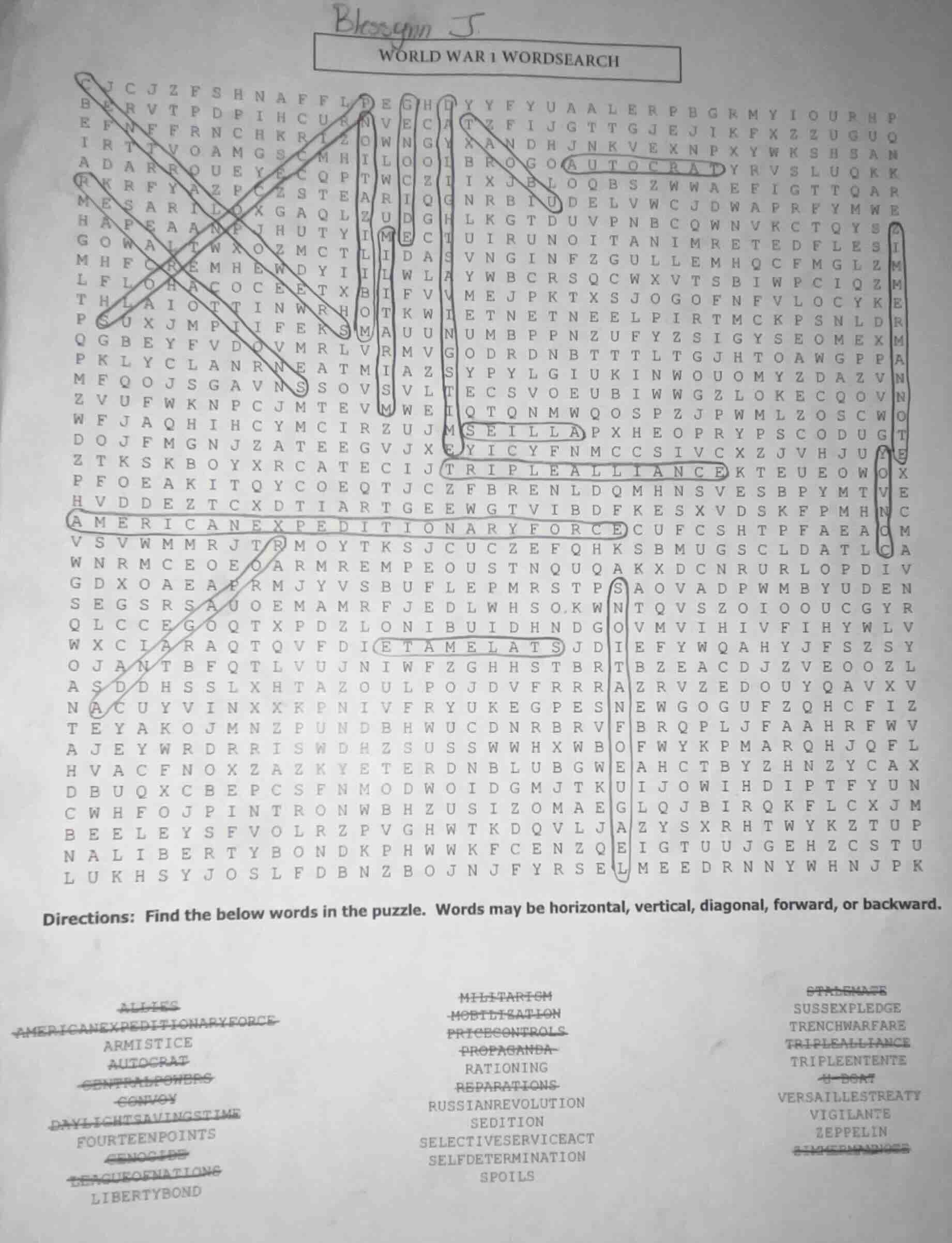 world war i wordsearch directions: find the below words in the puzzle. …