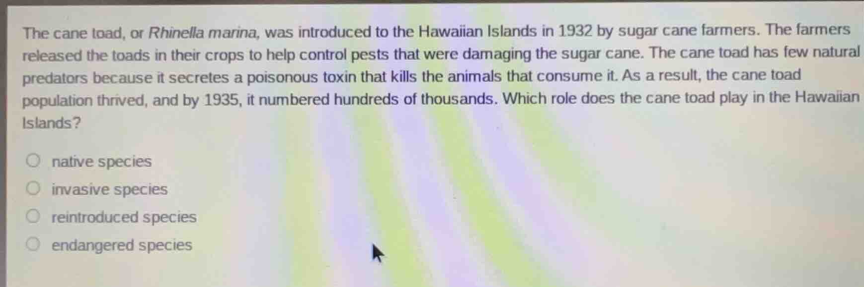 the cane toad, or rhinella marina, was introduced to the hawaiian islan…
