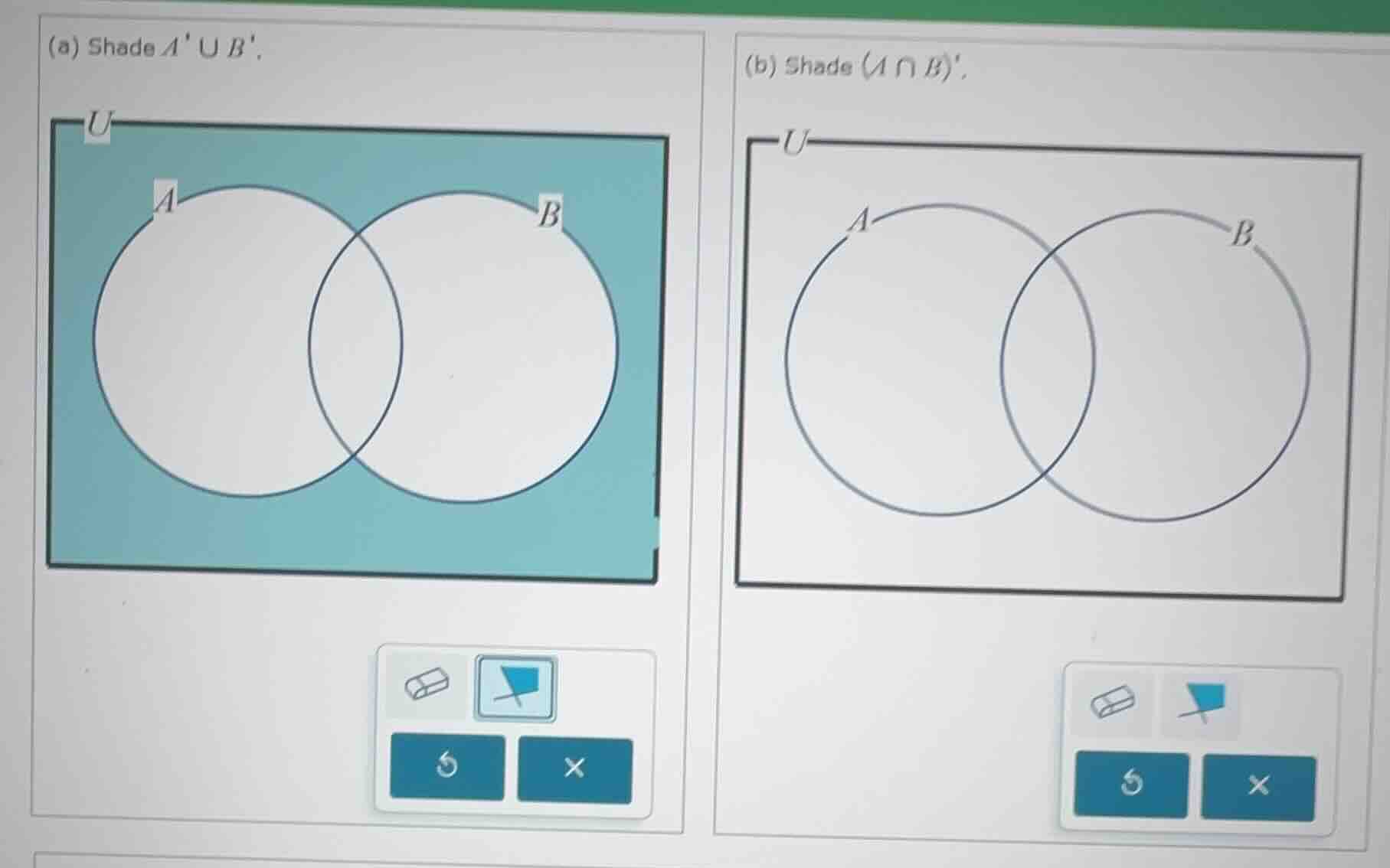 (a) shade ( a cup b ). (b) shade ( (a cap b) ).
