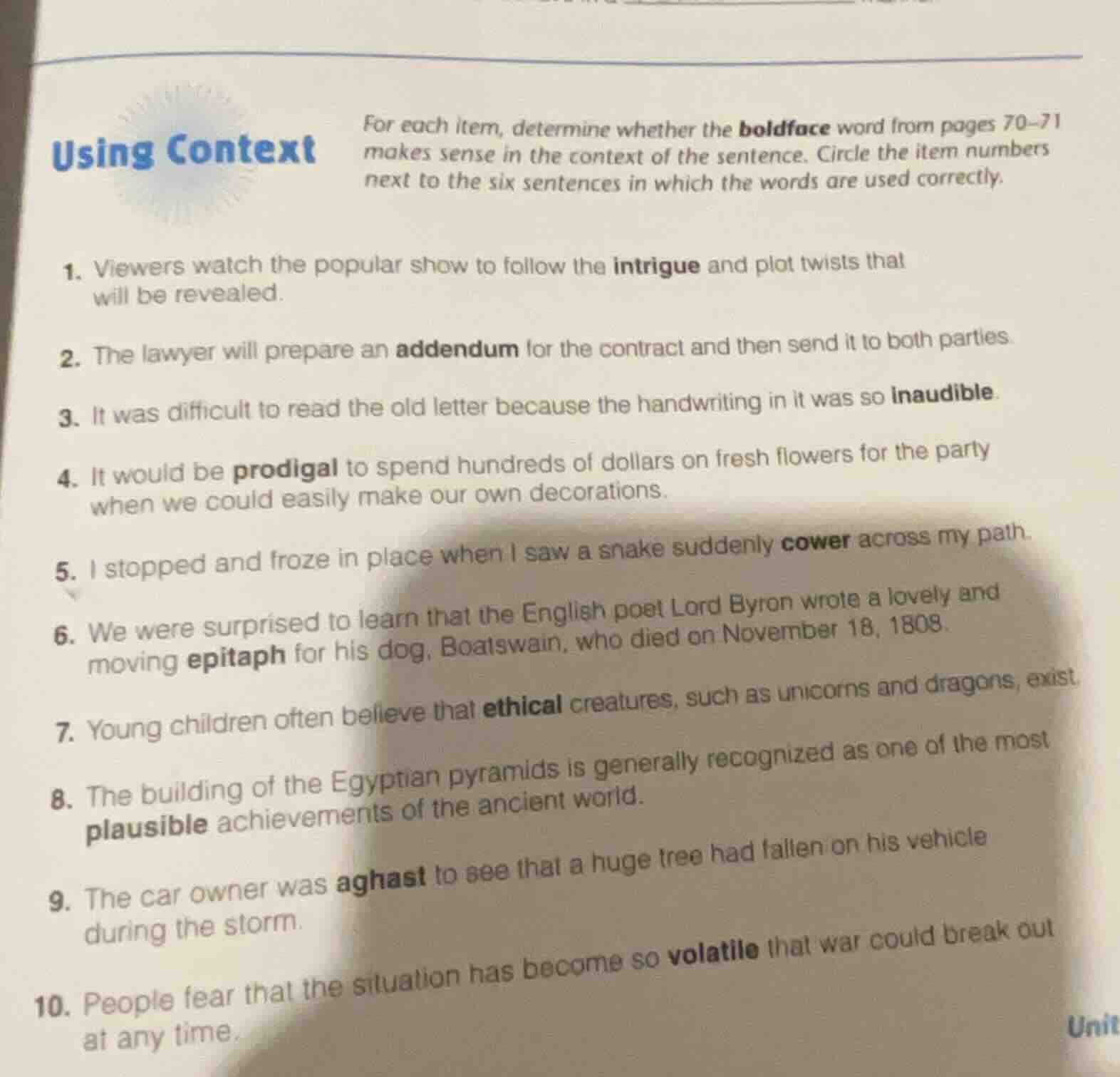 using context for each item, determine whether the boldface word from p…