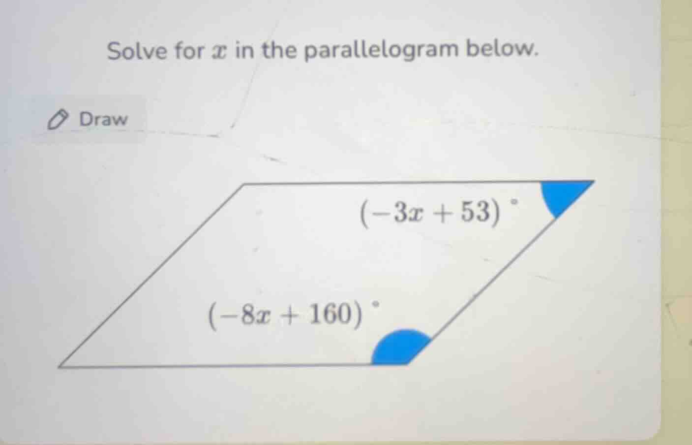 solve for ( x ) in the parallelogram below. the parallelogram has angle…