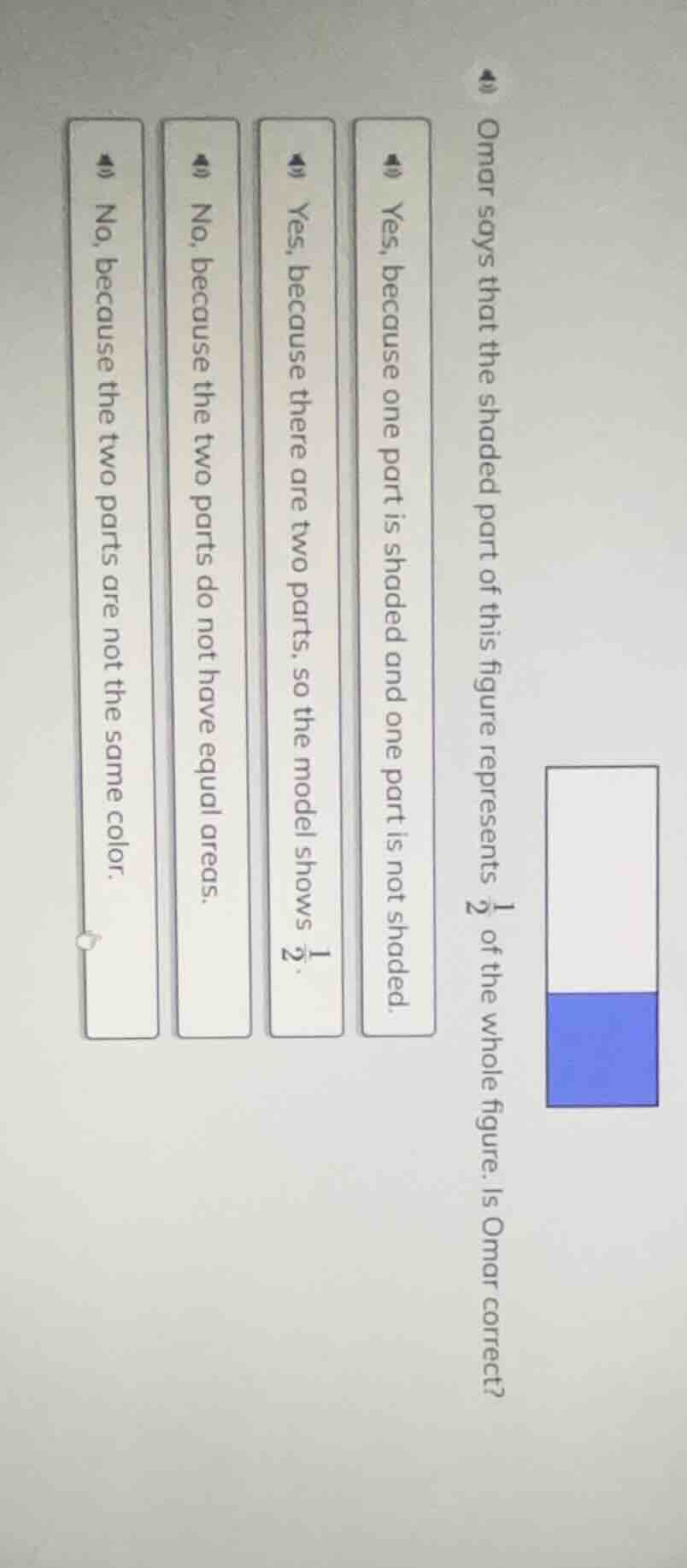 omar says that the shaded part of this figure represents \\(\frac{1}{2}…