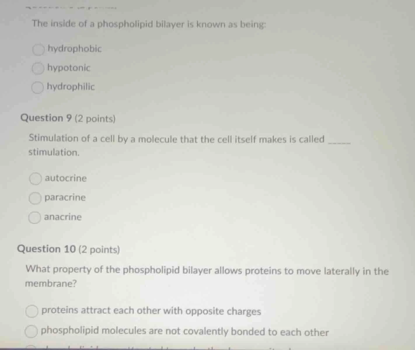 the inside of a phospholipid bilayer is known as being: hydrophobic hyp…
