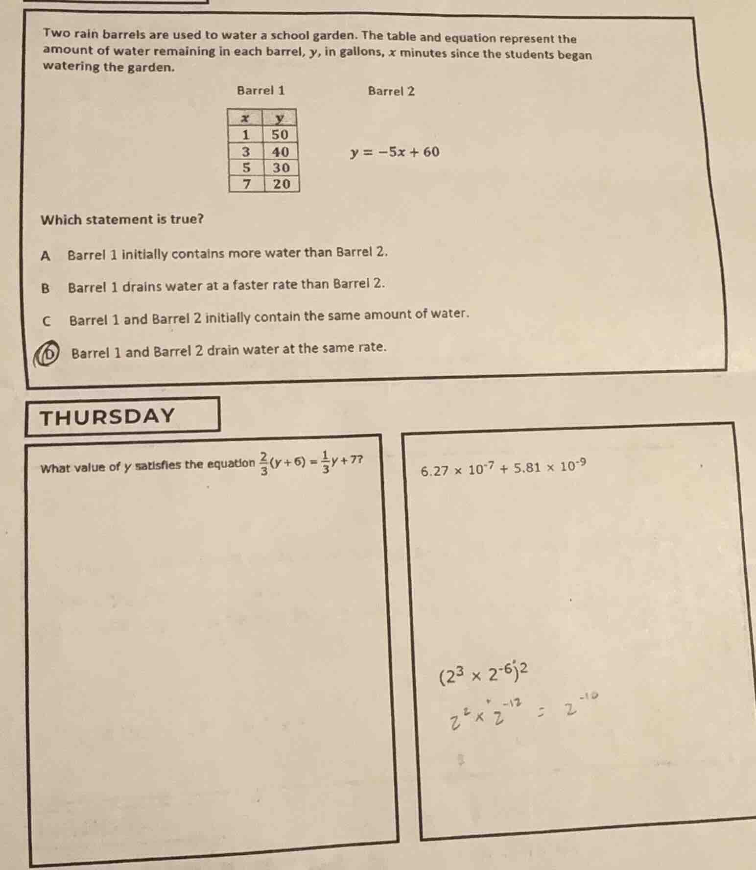 two rain barrels are used to water a school garden. the table and equat…