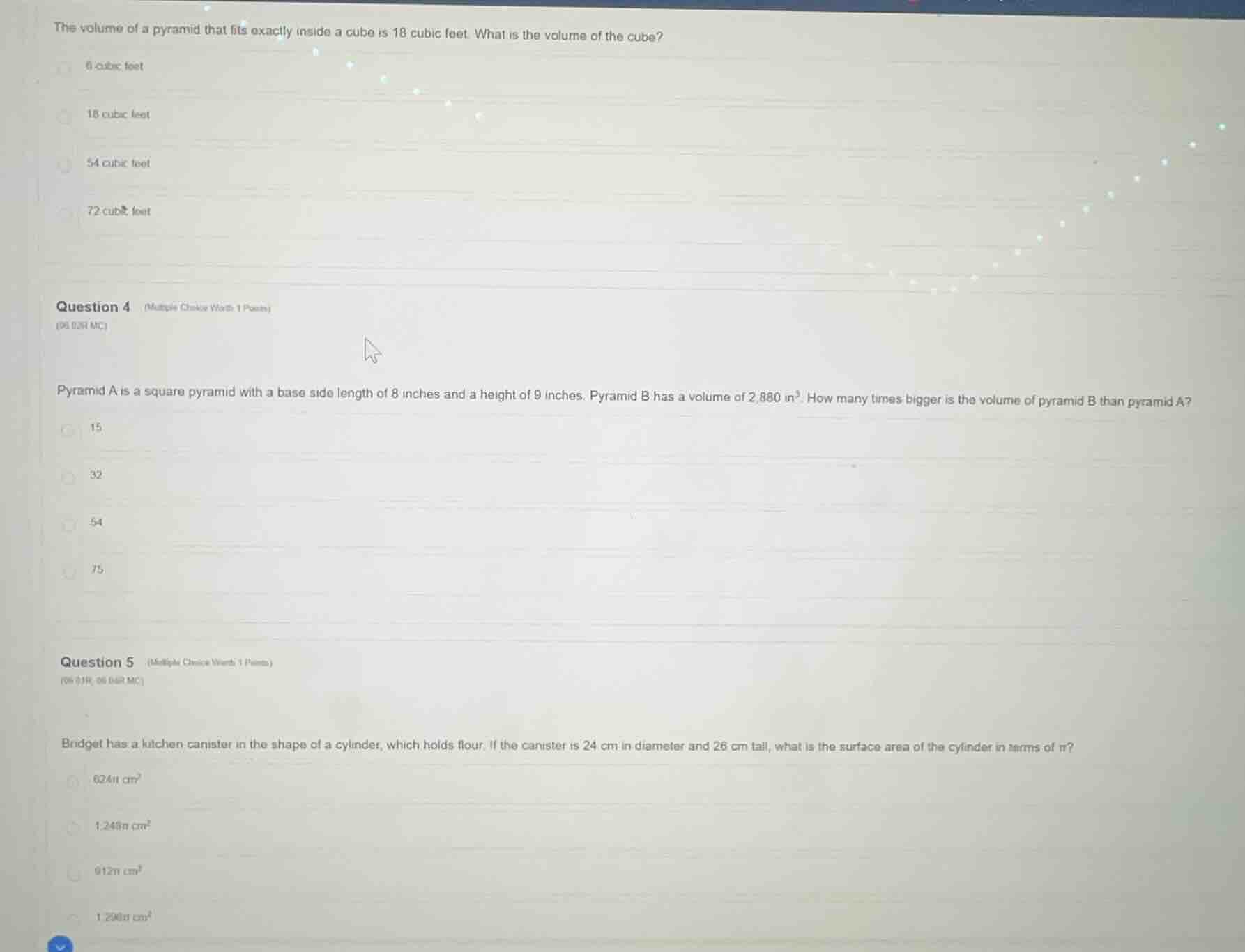 the volume of a pyramid that fits exactly inside a cube is 18 cubic fee…