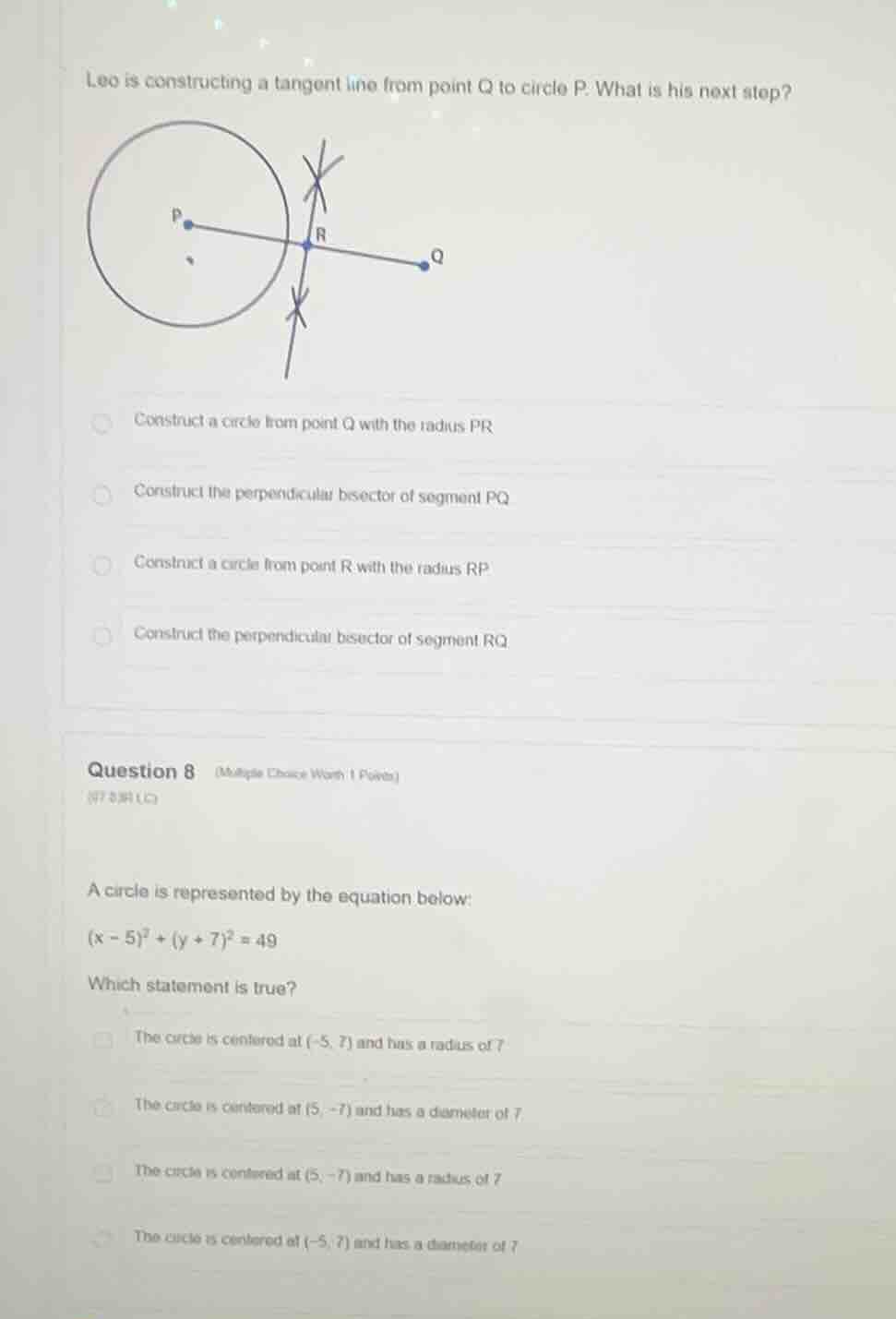 leo is constructing a tangent line from point q to circle p. what is hi…