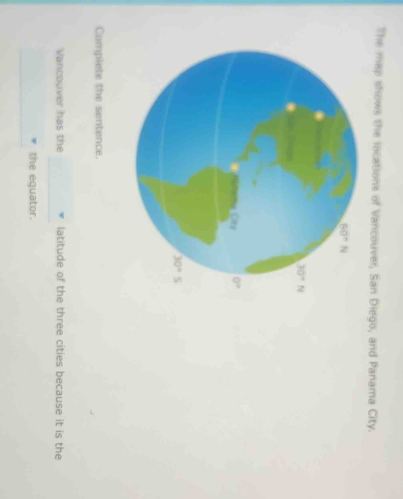 the map shows the locations of vancouver, san diego, and panama city. c…