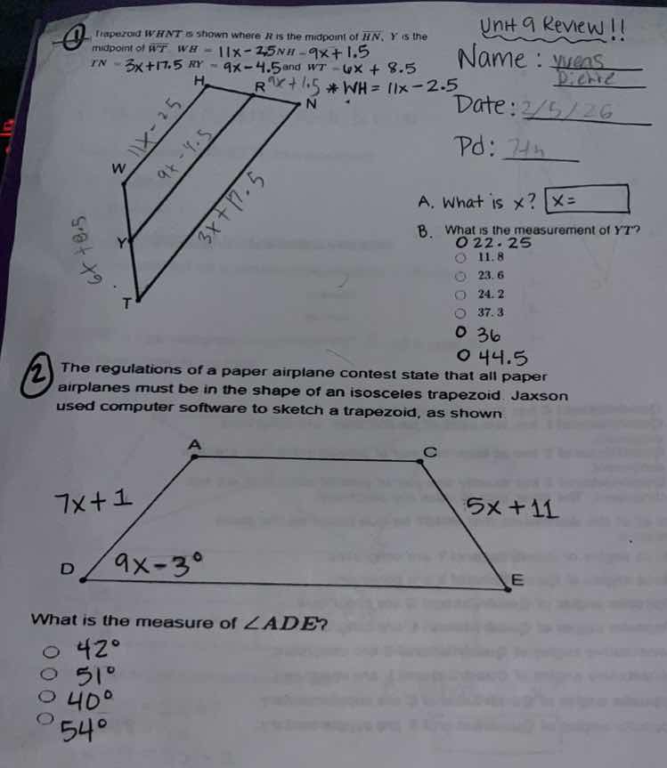 1. trapezoid whnt is shown where r is the midpoint of \\( \\overline{hn…