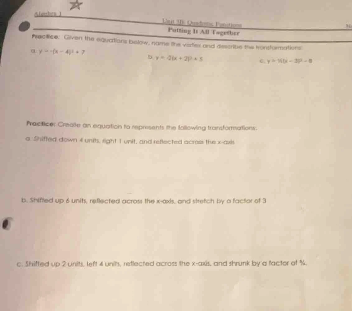 algebra 1 unit 3b quadratic functions putting it all together practice:…