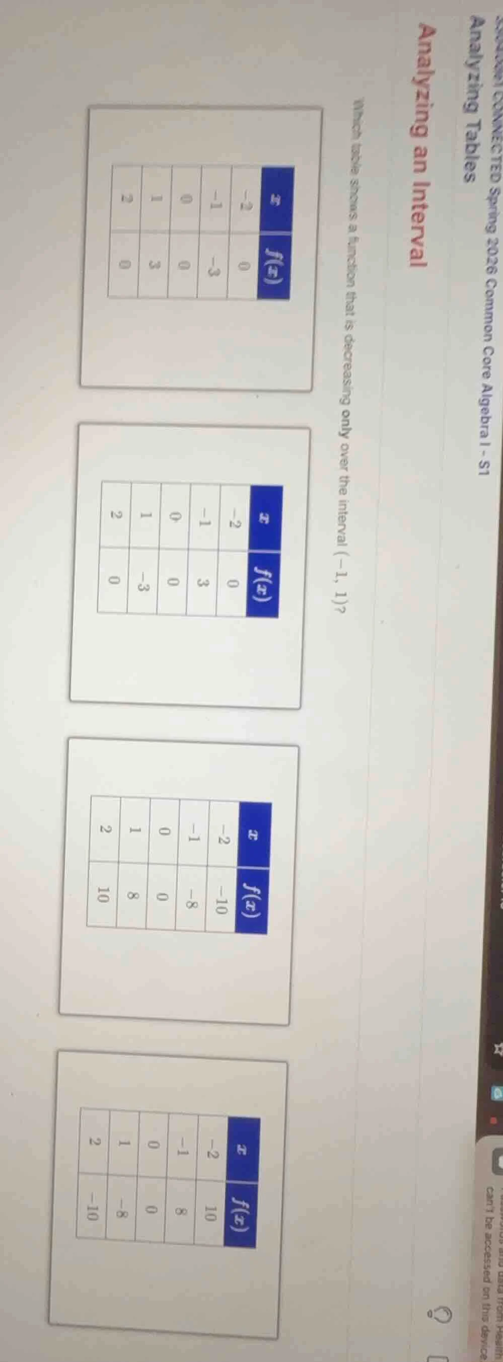 which table shows a function that is decreasing only over the interval …