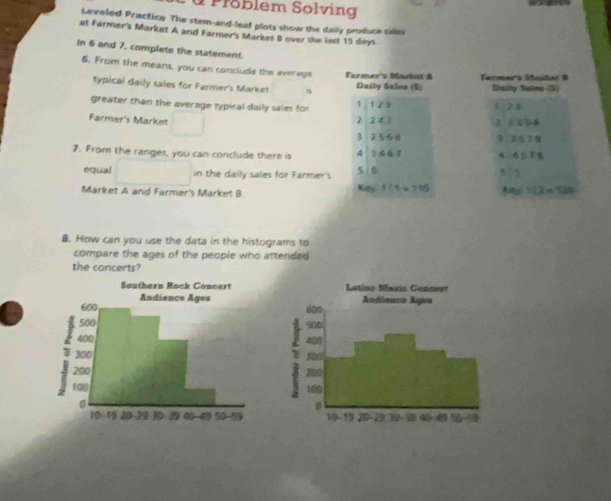 problem solving leveled practice the stem - and - leaf plots show the d…