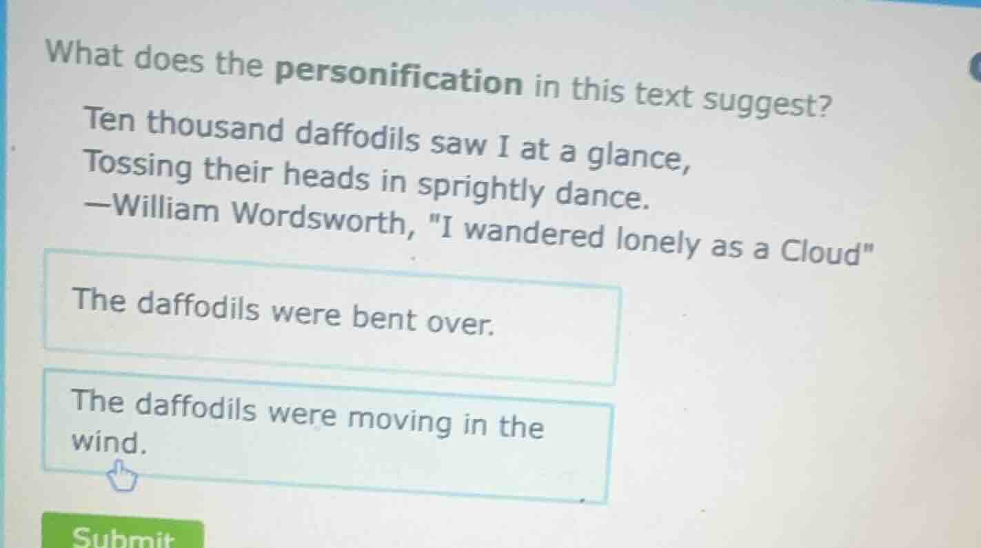 what does the personification in this text suggest? ten thousand daffod…