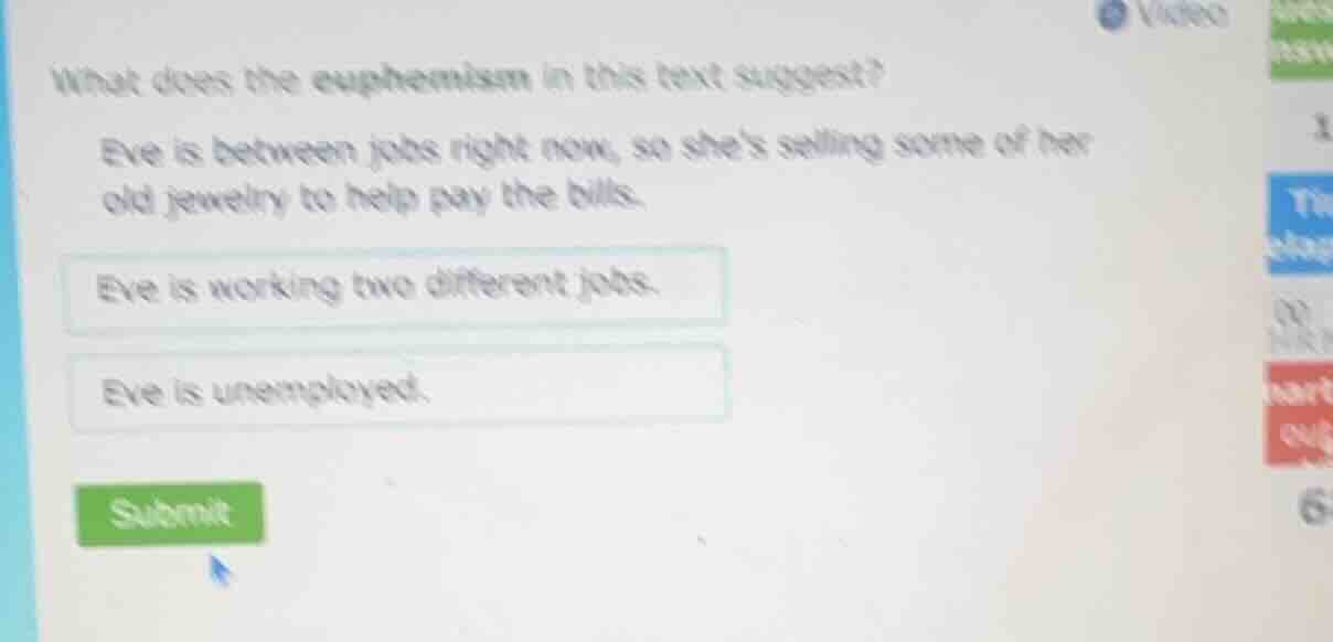 what does the euphemism in this text suggest? eve is between jobs right…