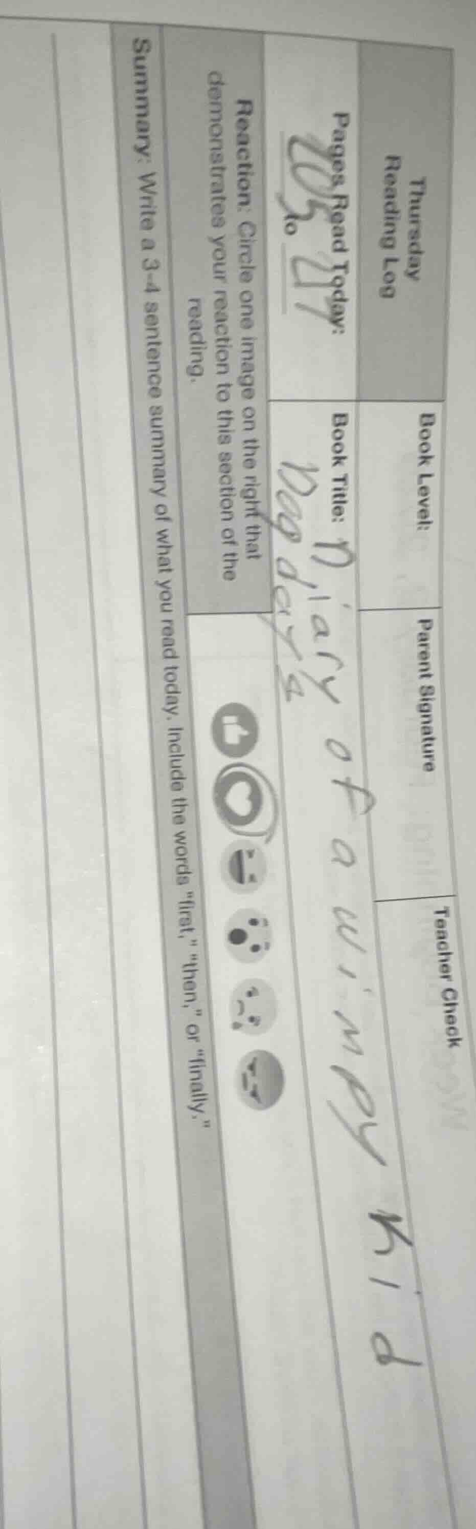 thursday reading log pages read today: 205 to 217 book level: book titl…