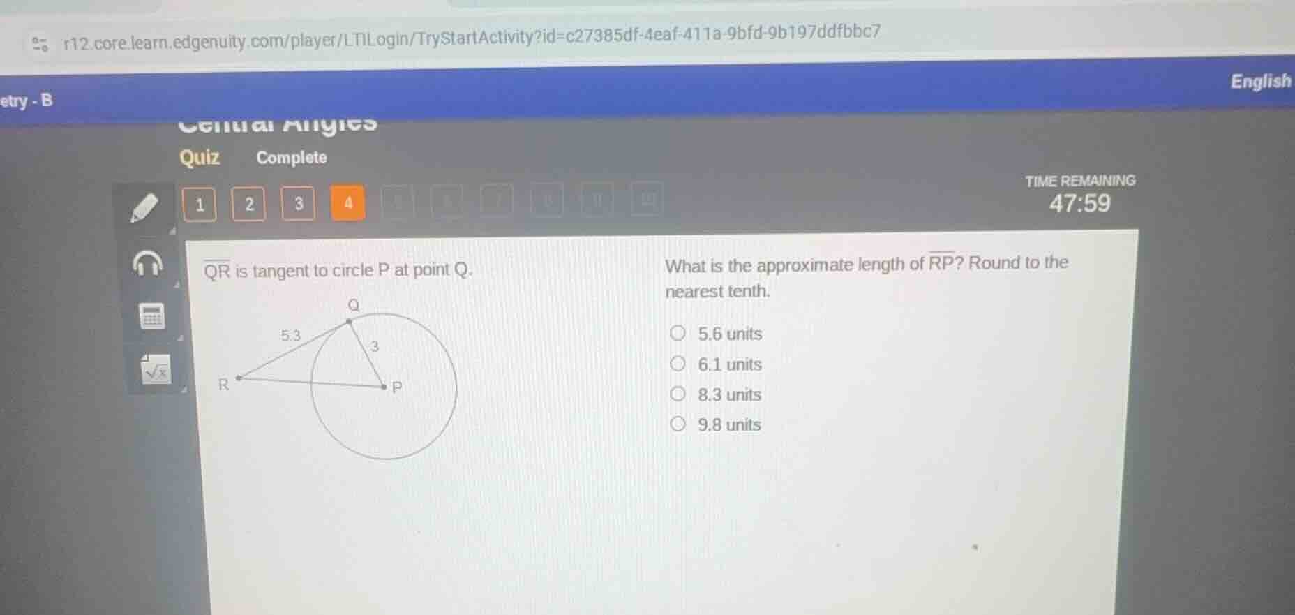 qr is tangent to circle p at point q. what is the approximate length of…