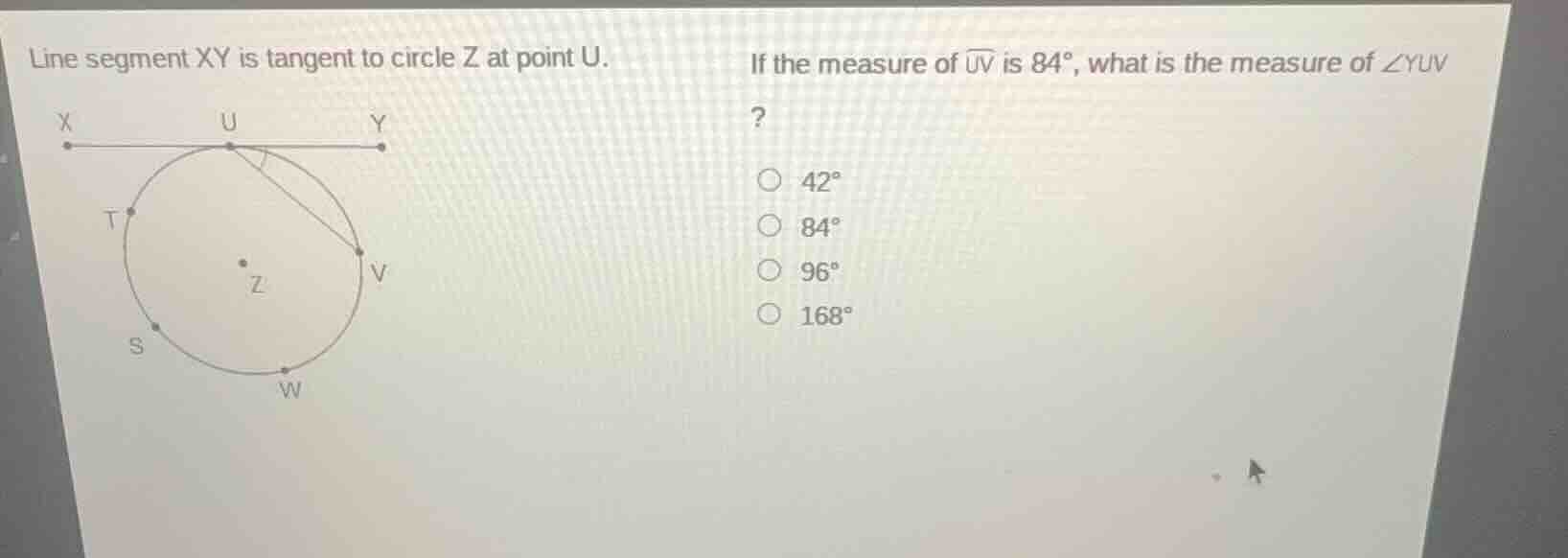 line segment xy is tangent to circle z at point u. if the measure of (o…