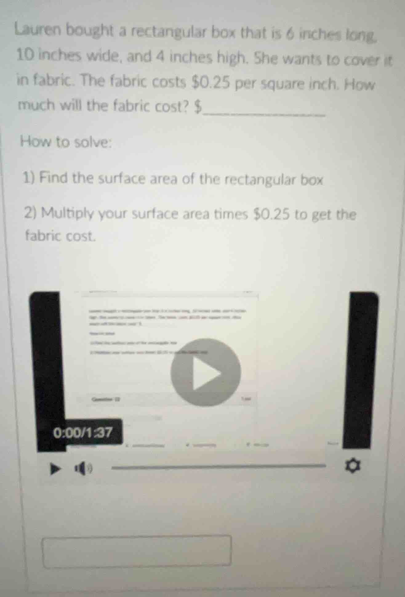 lauren bought a rectangular box that is 6 inches long, 10 inches wide, …