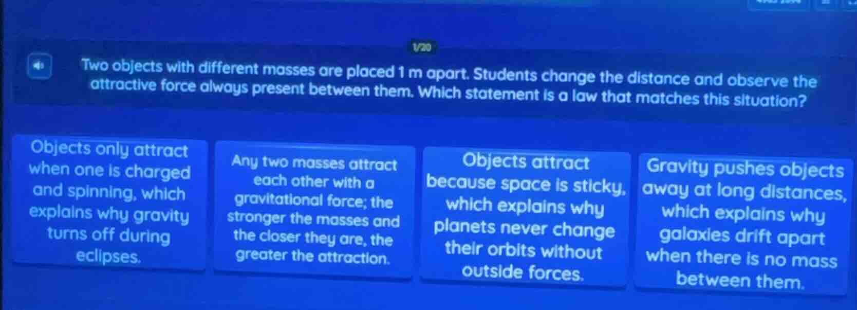 two objects with different masses are placed 1 m apart. students change…