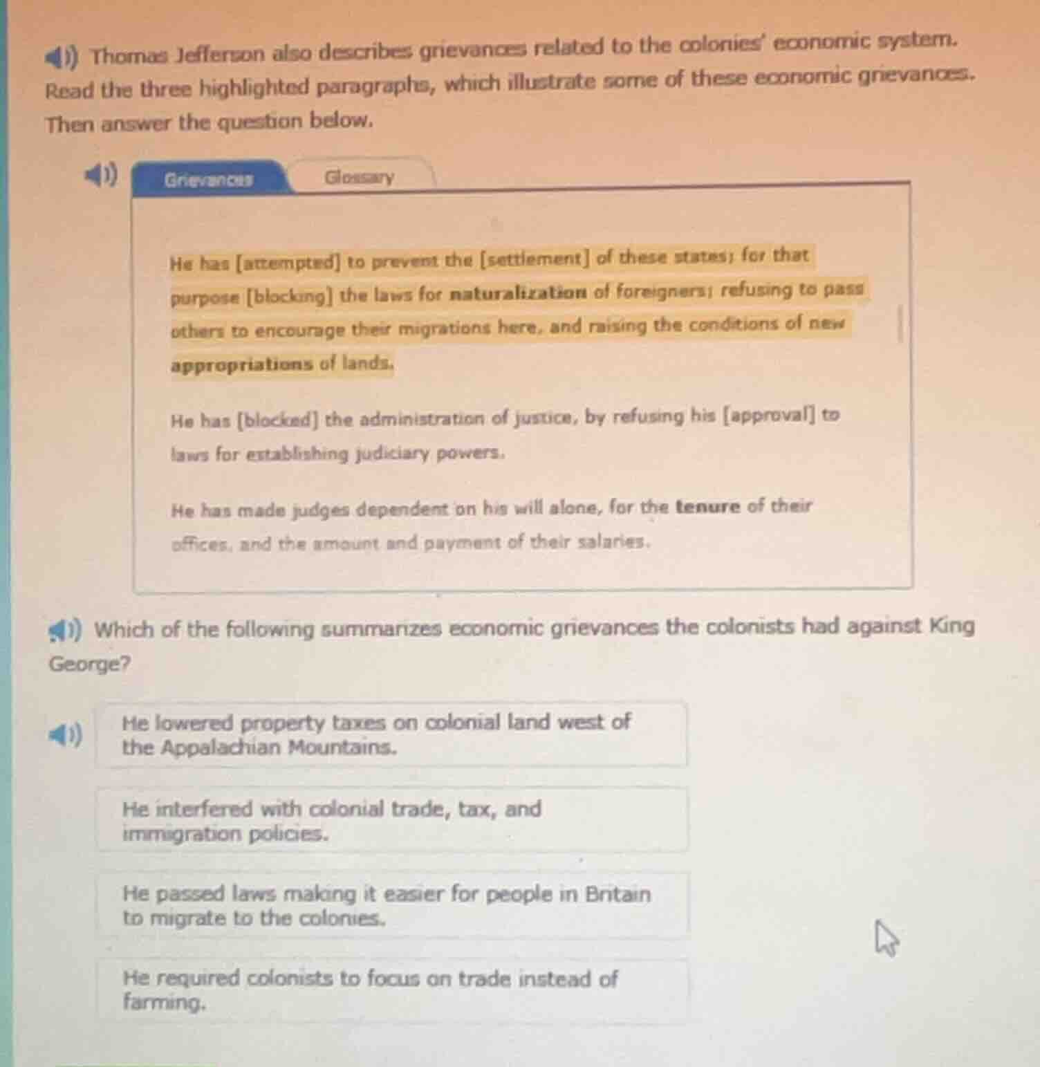 thomas jefferson also describes grievances related to the colonies’ eco…
