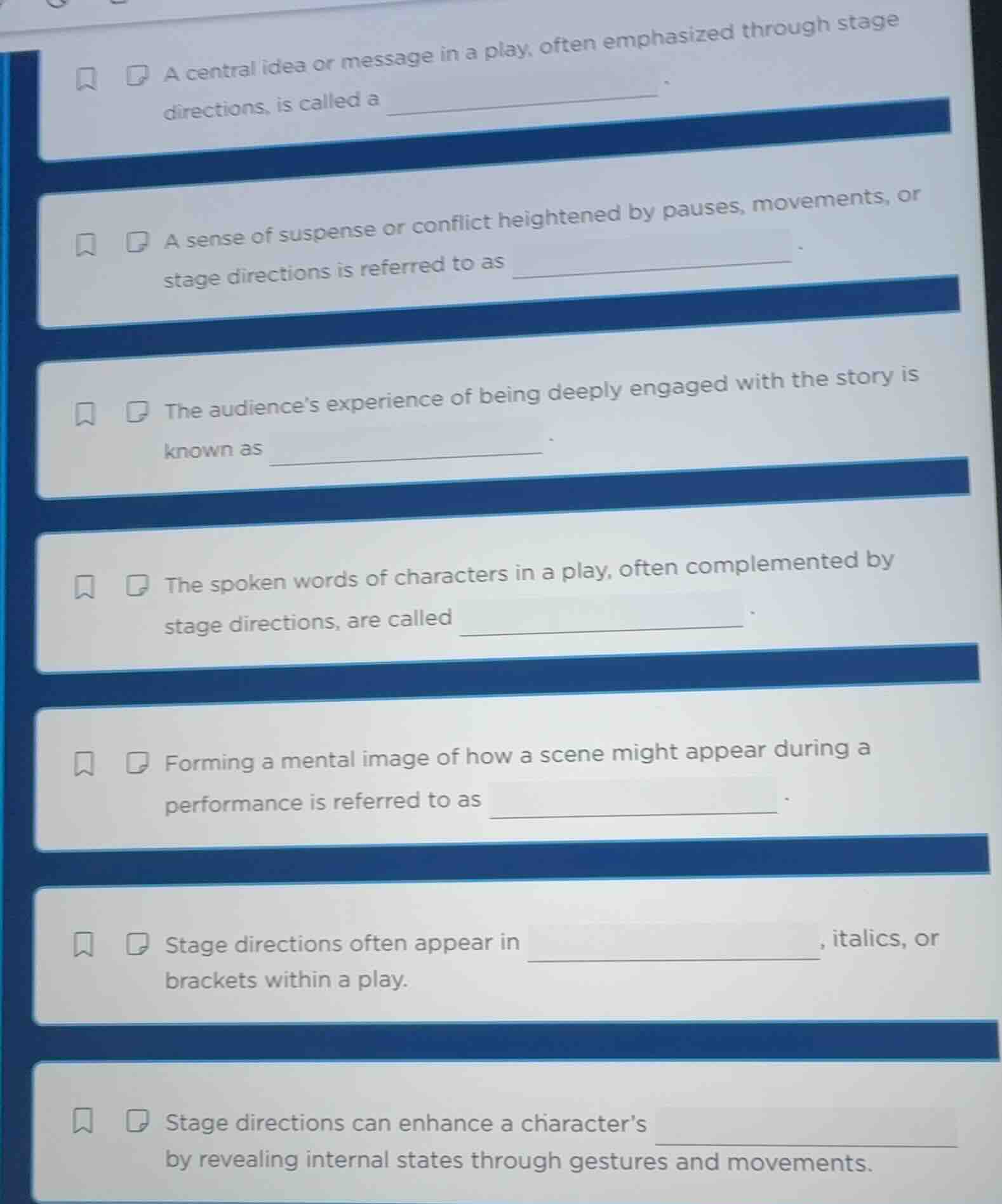 a central idea or message in a play, often emphasized through stage dir…