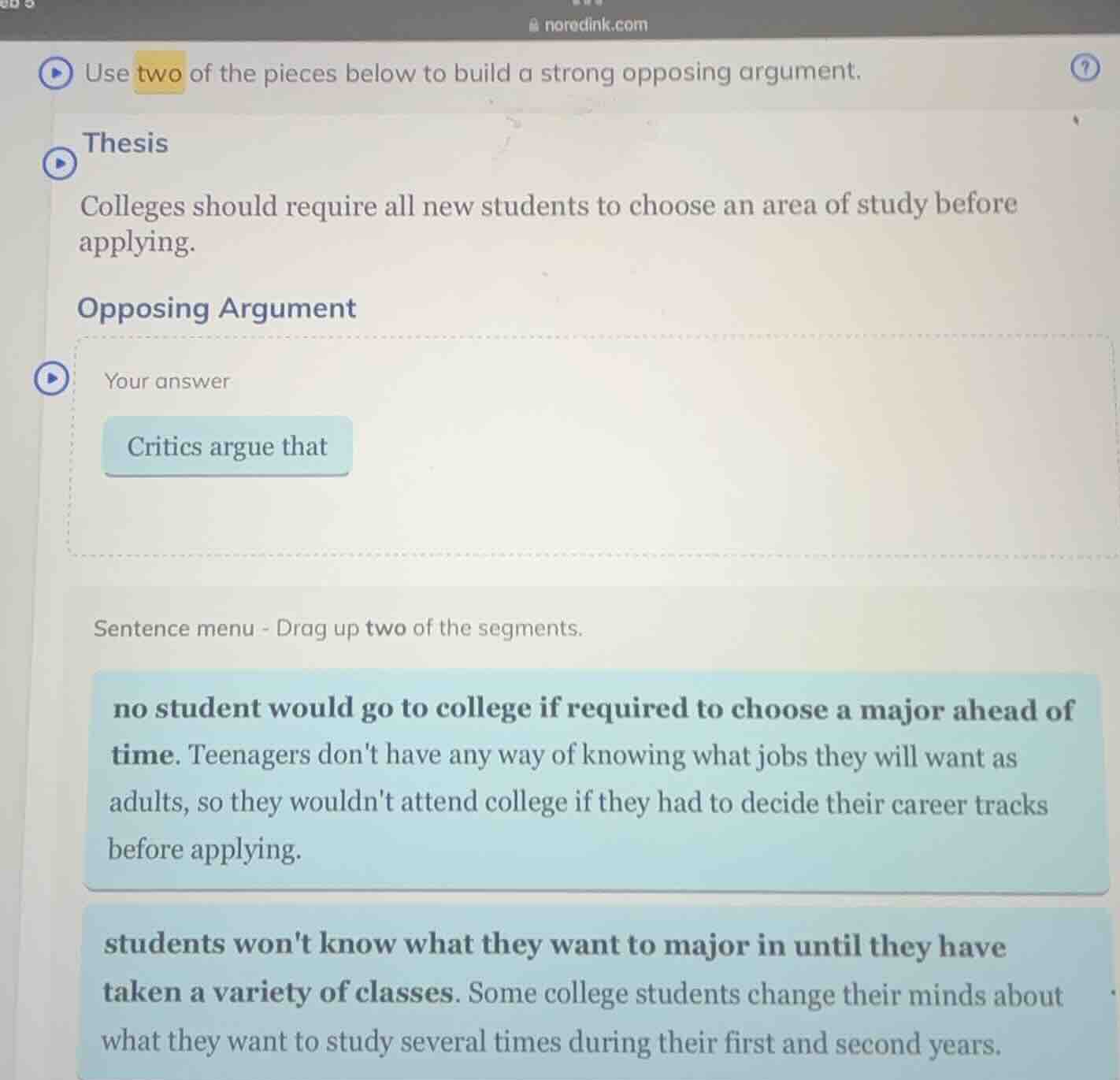 use two of the pieces below to build a strong opposing argument. thesis…