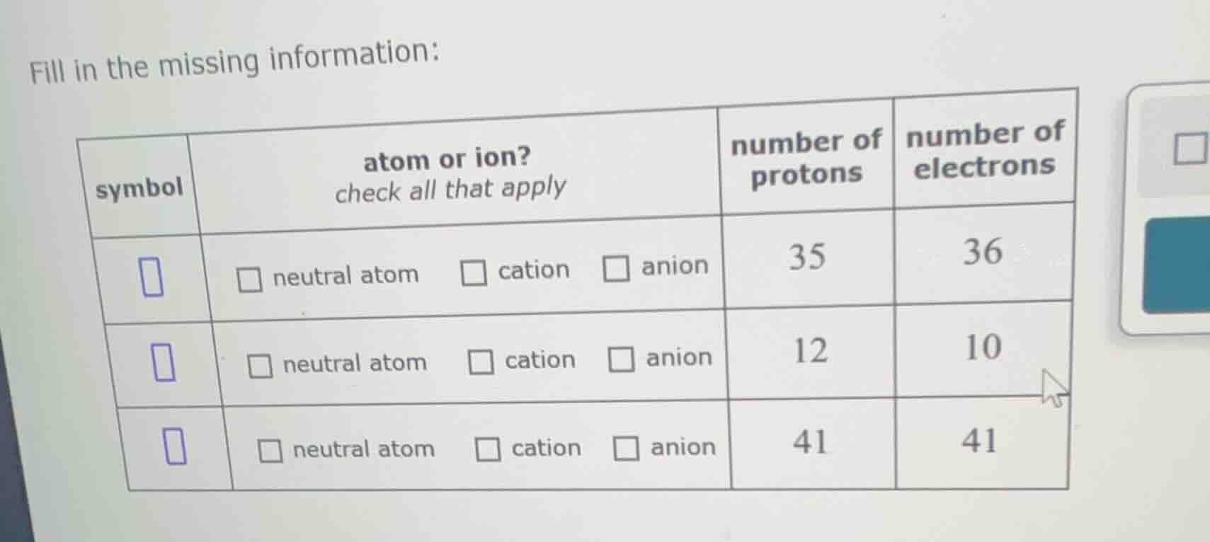 fill in the missing information: | symbol | atom or ion? check all that…