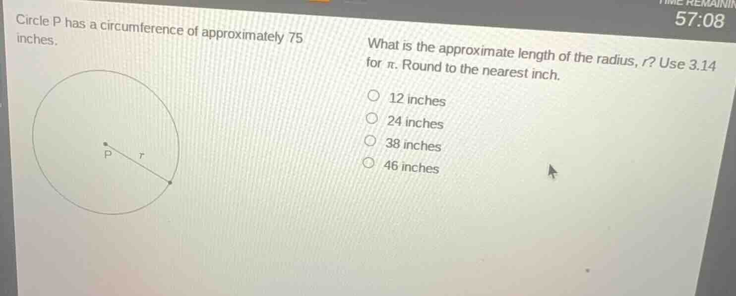 circle p has a circumference of approximately 75 inches. what is the ap…