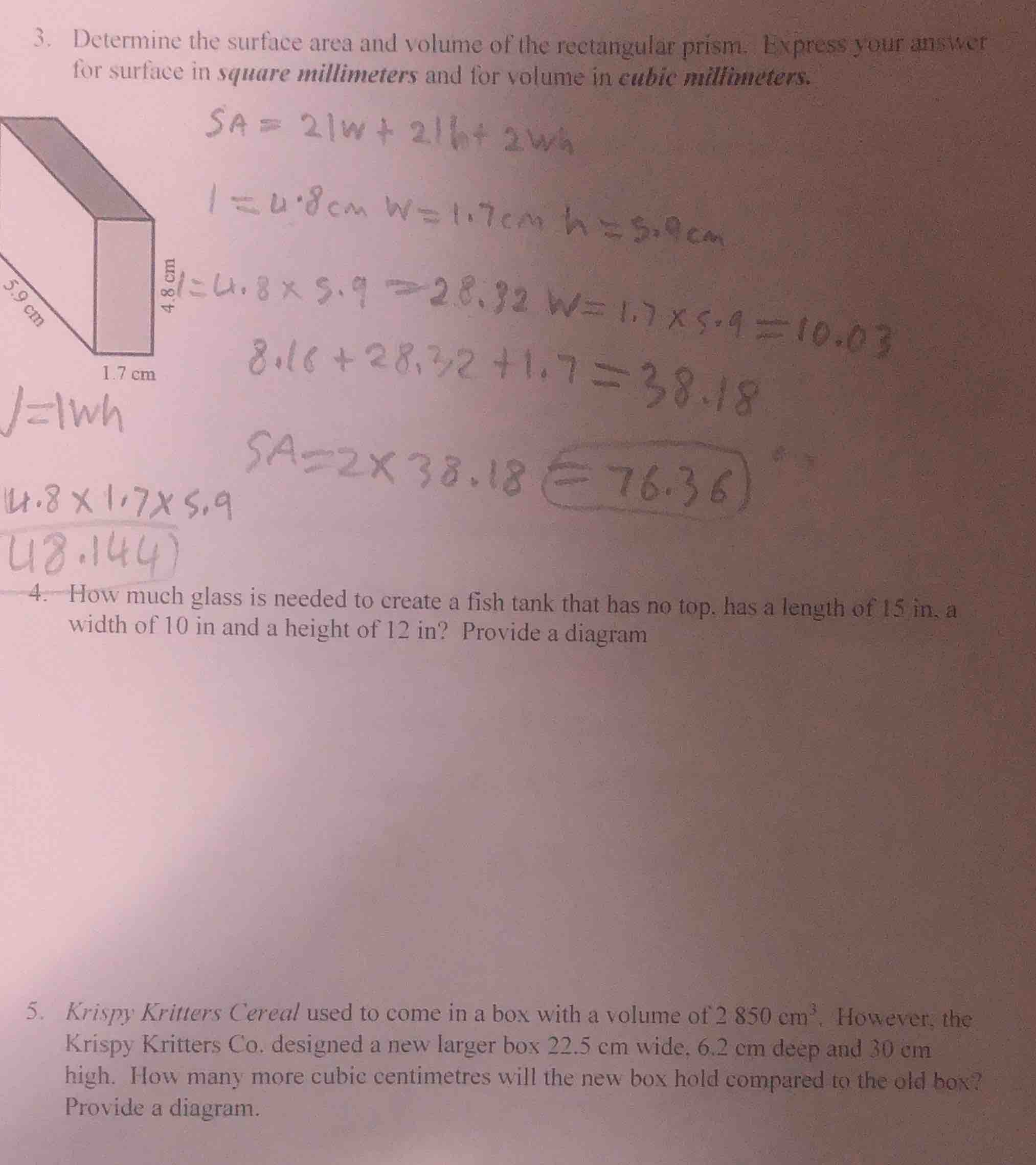 3. determine the surface area and volume of the rectangular prism. expr…