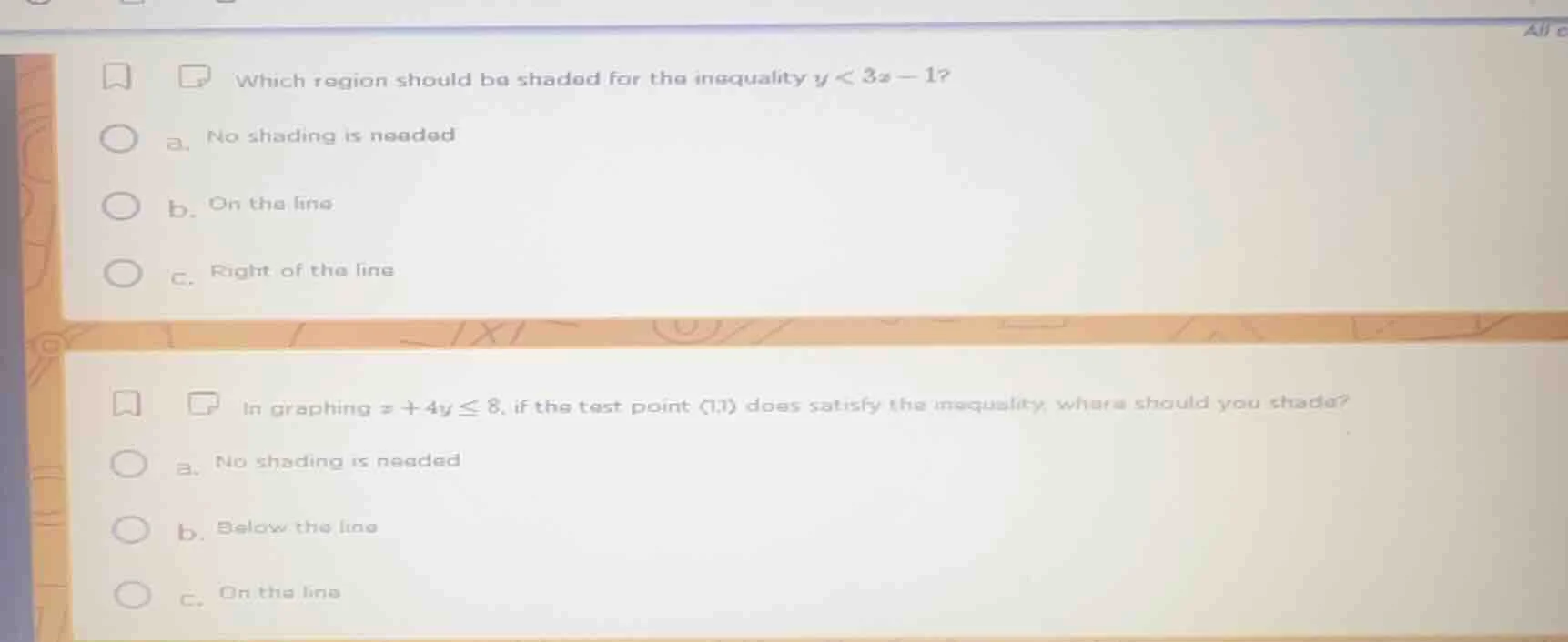 which region should be shaded for the inequality $y < 3x - 1$? a. no sh…