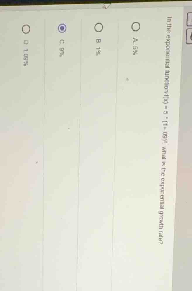 in the exponential function f(x) = 5·(1 + 09)^x, what is the exponentia…