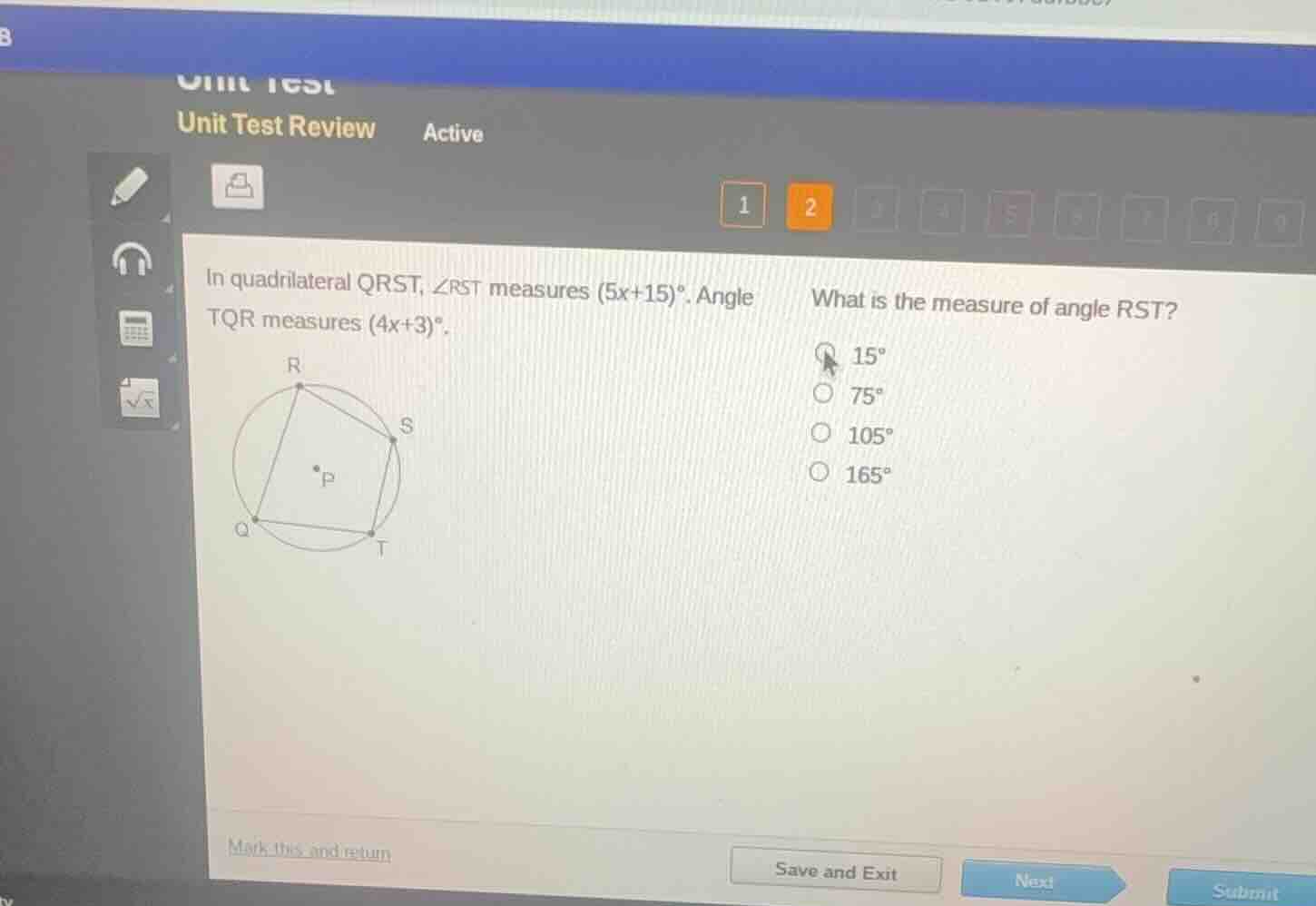 in quadrilateral qrst, ∠rst measures (5x+15)°. angle tqr measures (4x+3…