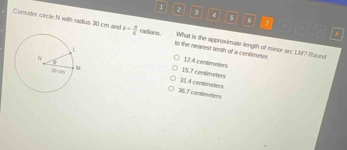 consider circle n with radius 30 cm and $\\theta = \\frac{\\pi}{6}$ rad…