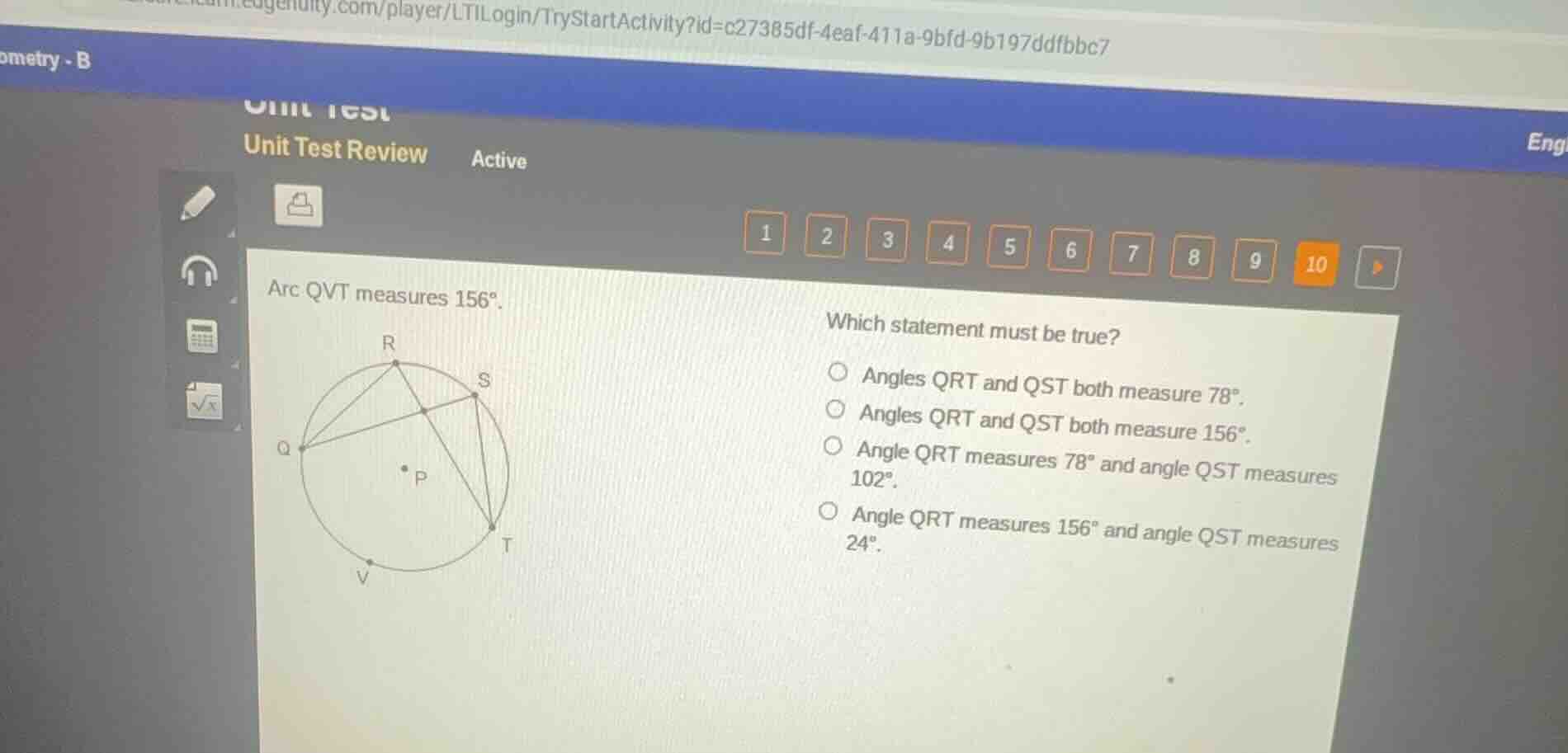 arc qvt measures 156°.which statement must be true?angles qrt and qst b…
