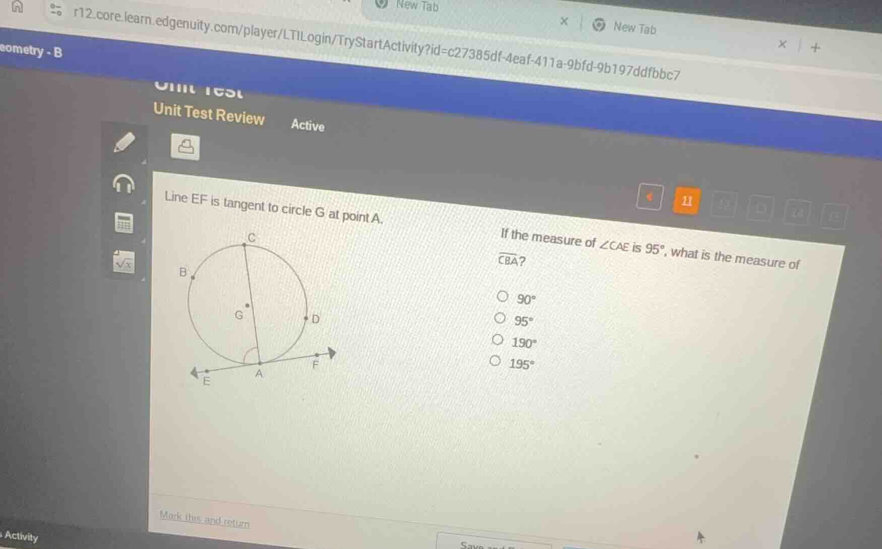 line ef is tangent to circle g at point a. if the measure of ∠cae is 95…