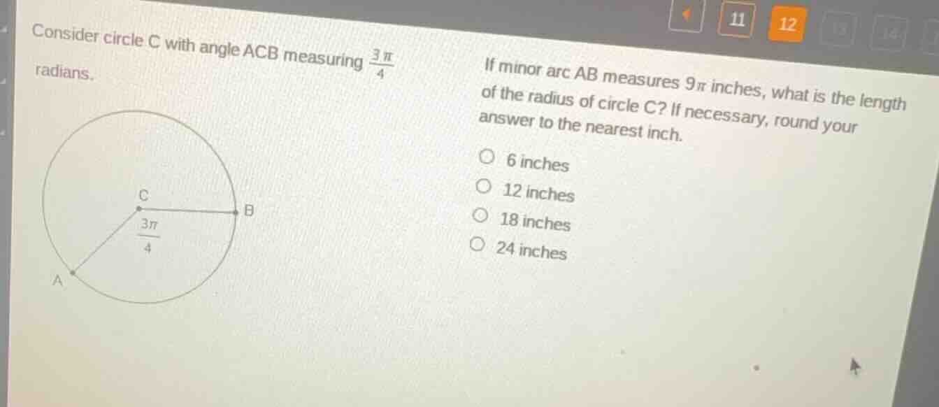 consider circle c with angle acb measuring \\(\frac{3pi}{4}\\) radians.…