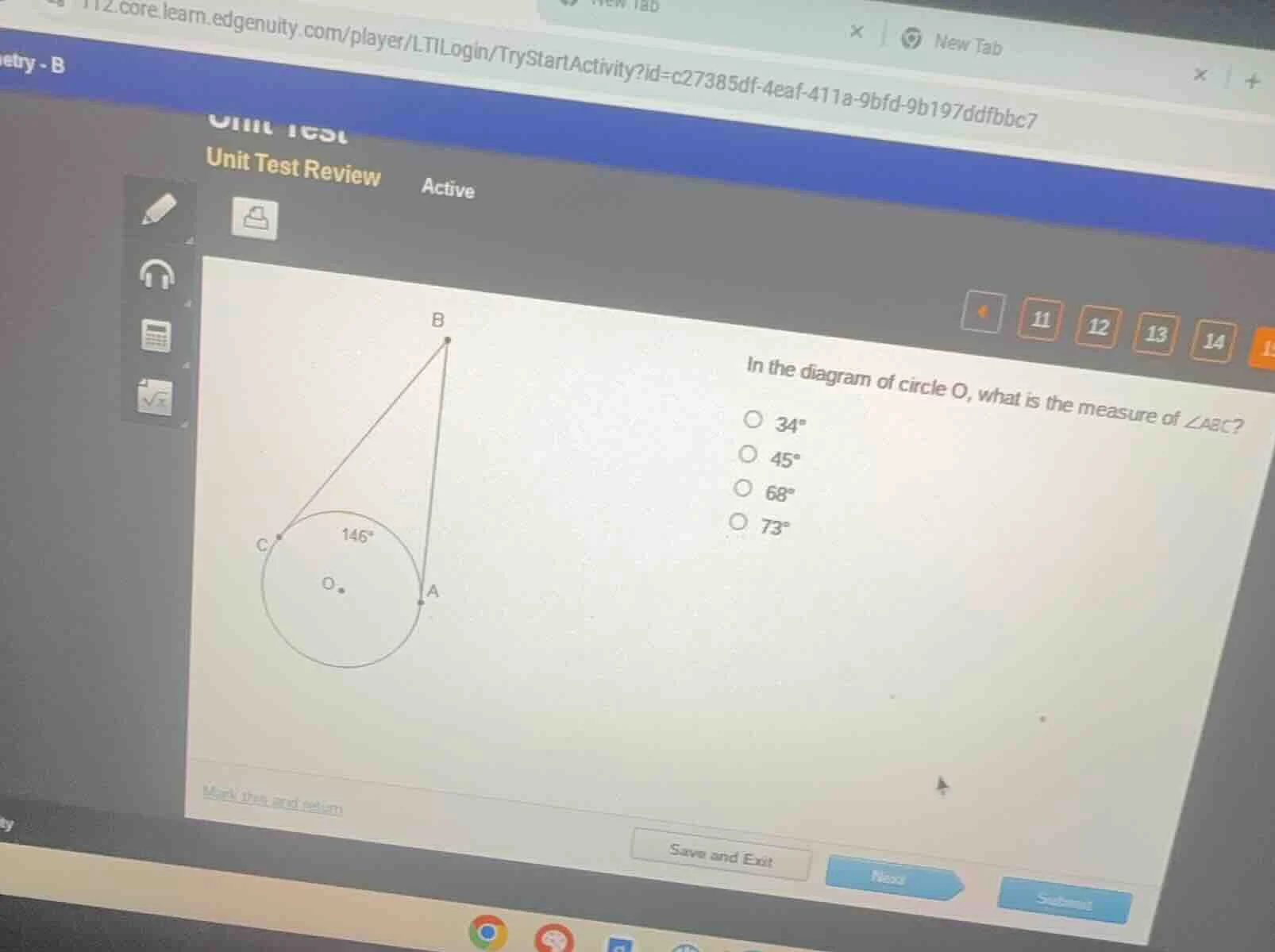 in the diagram of circle o, what is the measure of ∠abc? 34° 45° 68° 73°