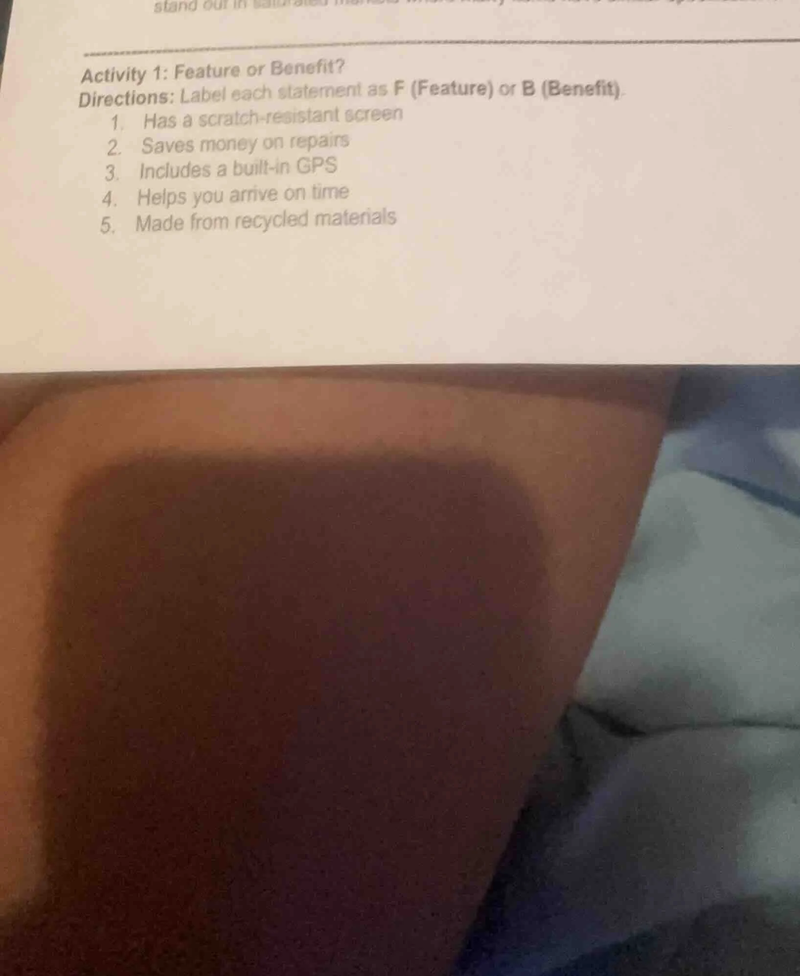 activity 1: feature or benefit? directions: label each statement as f (…