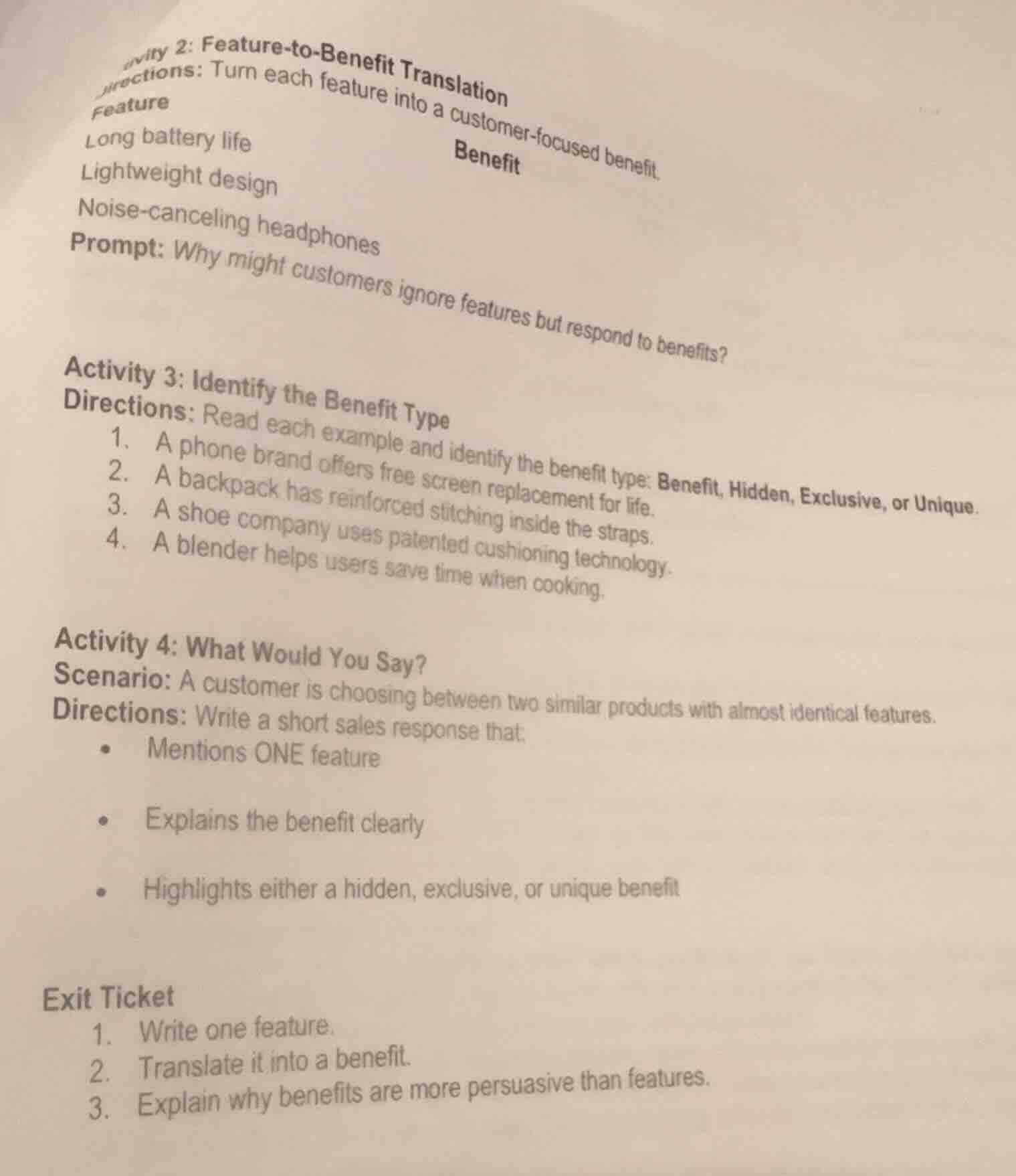 activity 2: feature - to - benefit translation directions: turn each fe…
