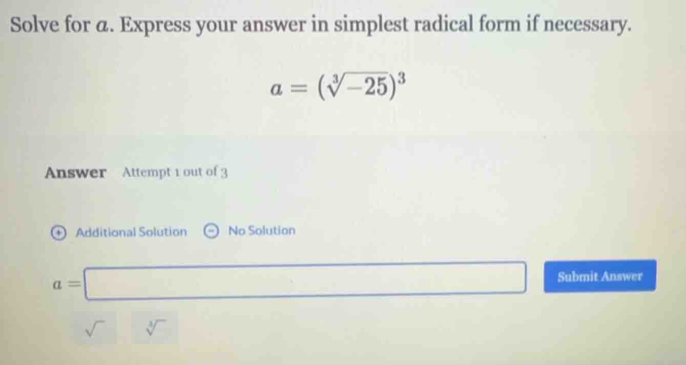 solve for ( a ). express your answer in simplest radical form if necess…